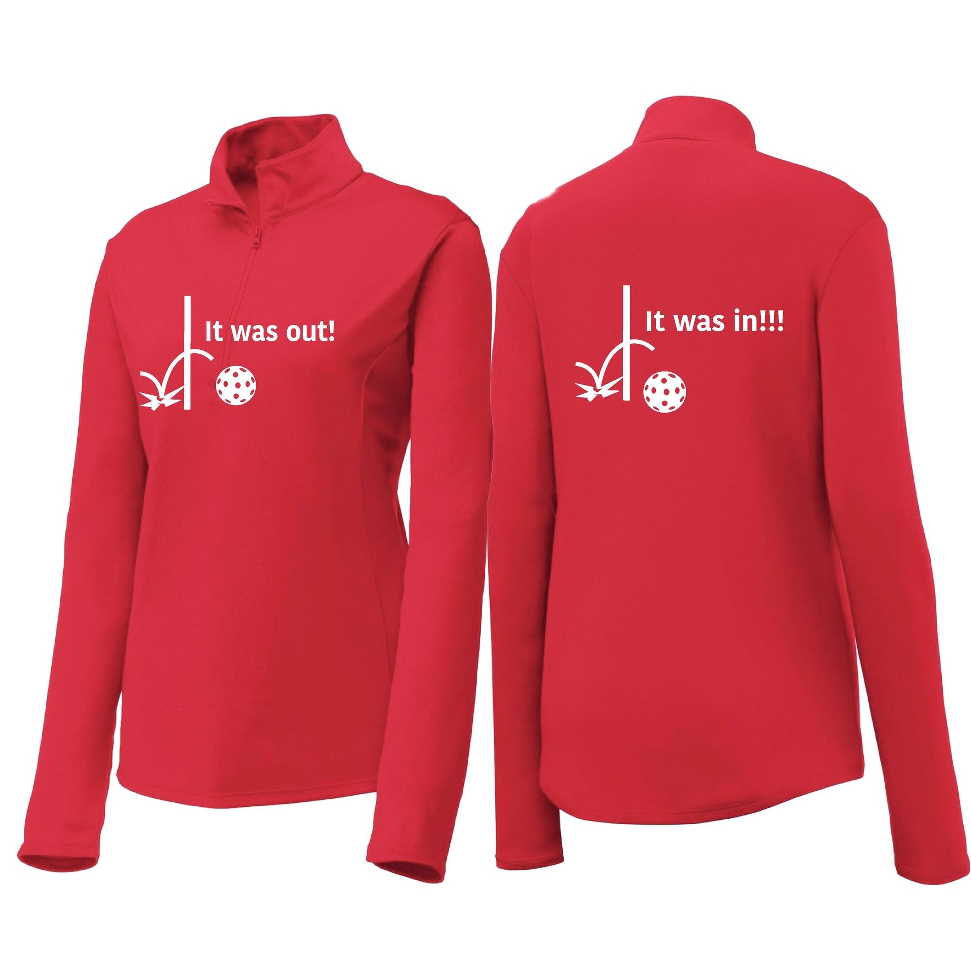 It Was Out! It Was In! (Pickleballs Red White Yellow) | Women's 1/4 Zip Pickleball Performance Pullover Shirt | 100% Polyester