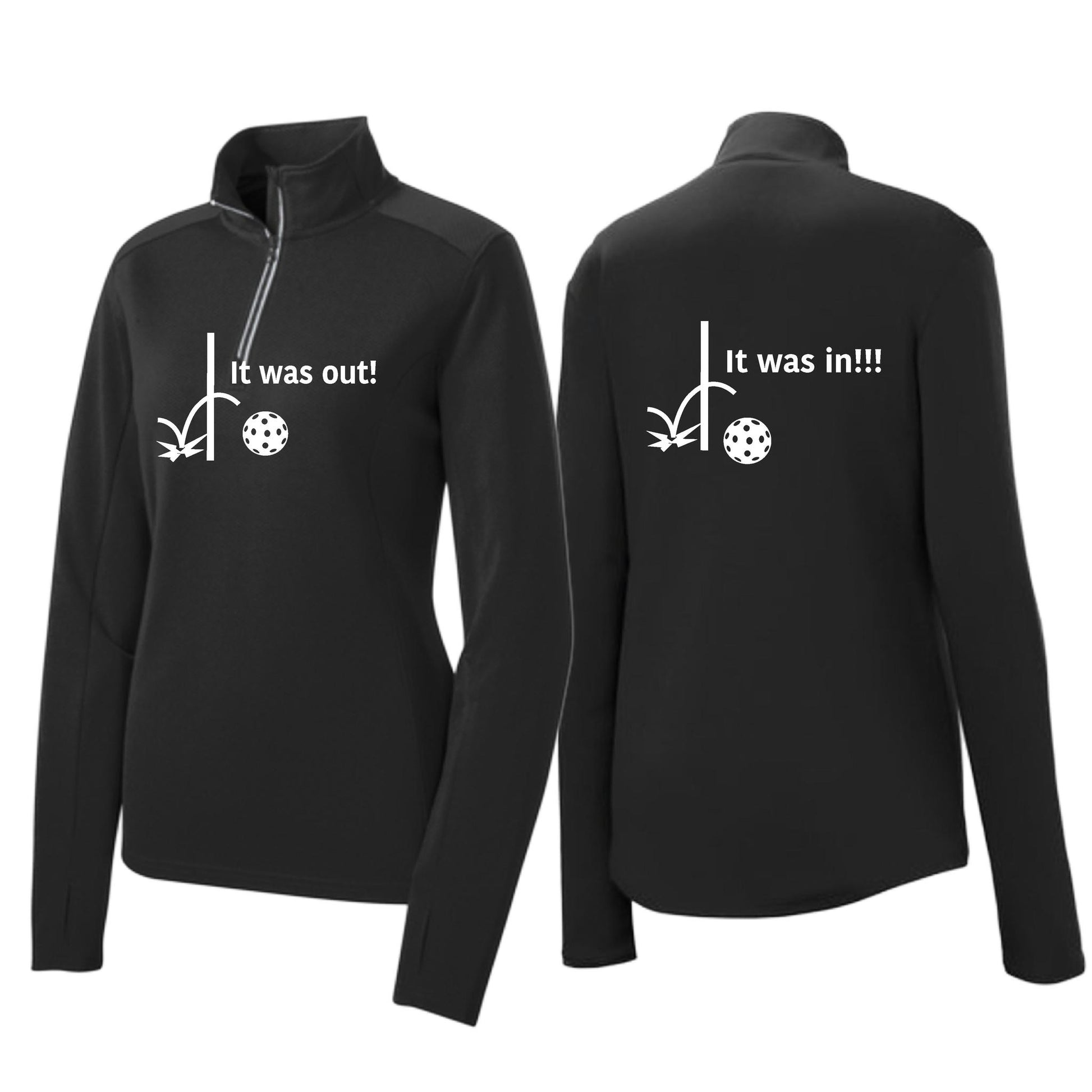 It Was Out! It Was In! (Pickleballs Red White Yellow) | Women's 1/4 Zip Pickleball Performance Pullover Shirt | 100% Polyester
