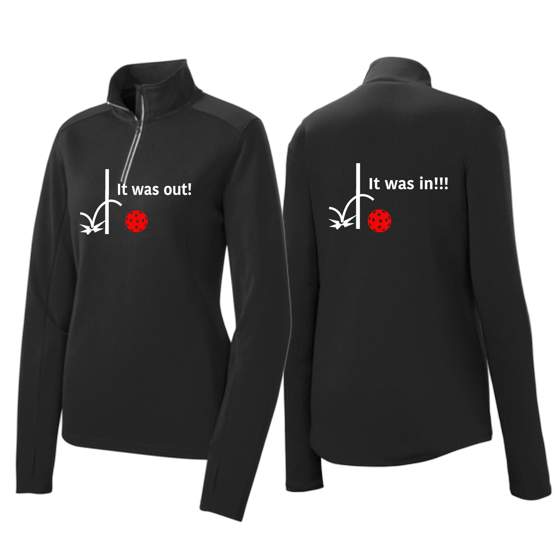 It Was Out! It Was In! (Pickleballs Red White Yellow) | Women's 1/4 Zip Pickleball Performance Pullover Shirt | 100% Polyester