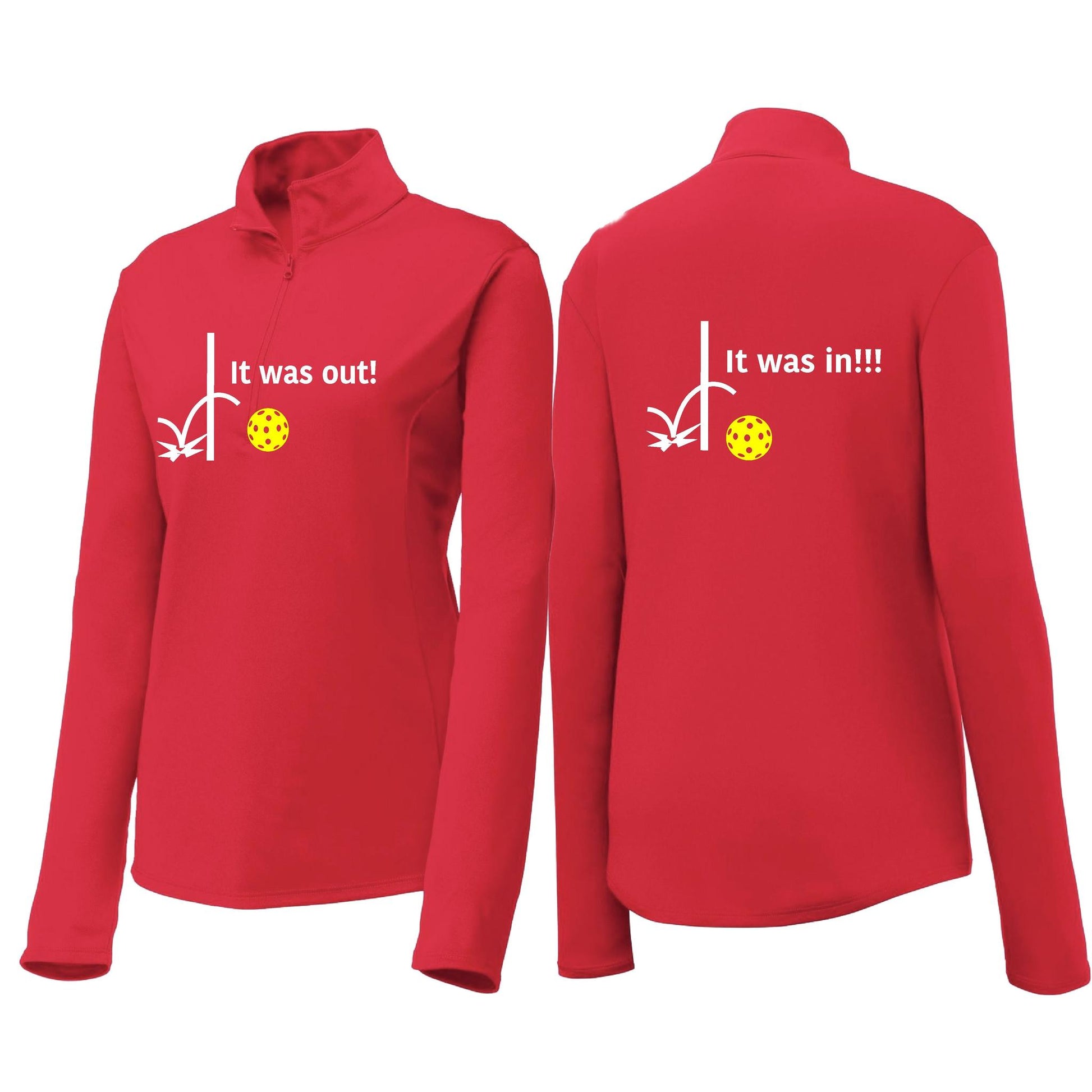 It Was Out! It Was In! (Pickleballs Red White Yellow) | Women's 1/4 Zip Pickleball Performance Pullover Shirt | 100% Polyester