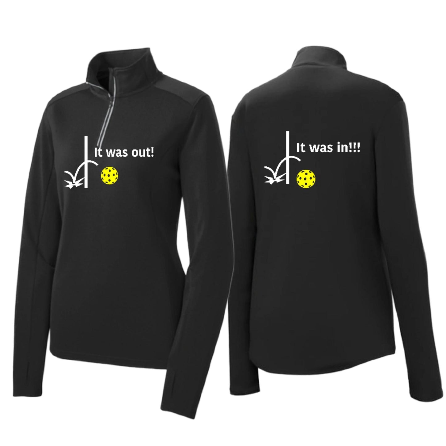It Was Out! It Was In! (Pickleballs Red White Yellow) | Women's 1/4 Zip Pickleball Performance Pullover Shirt | 100% Polyester