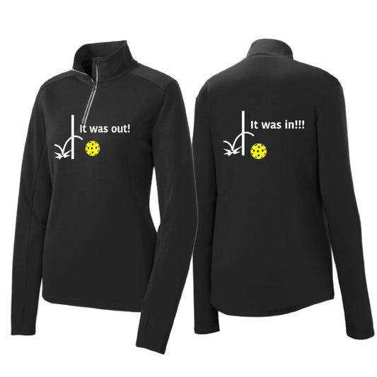 It Was Out! It Was In! (Pickleballs Red White Yellow) | Women's 1/4 Zip Pickleball Performance Pullover Shirt | 100% Polyester