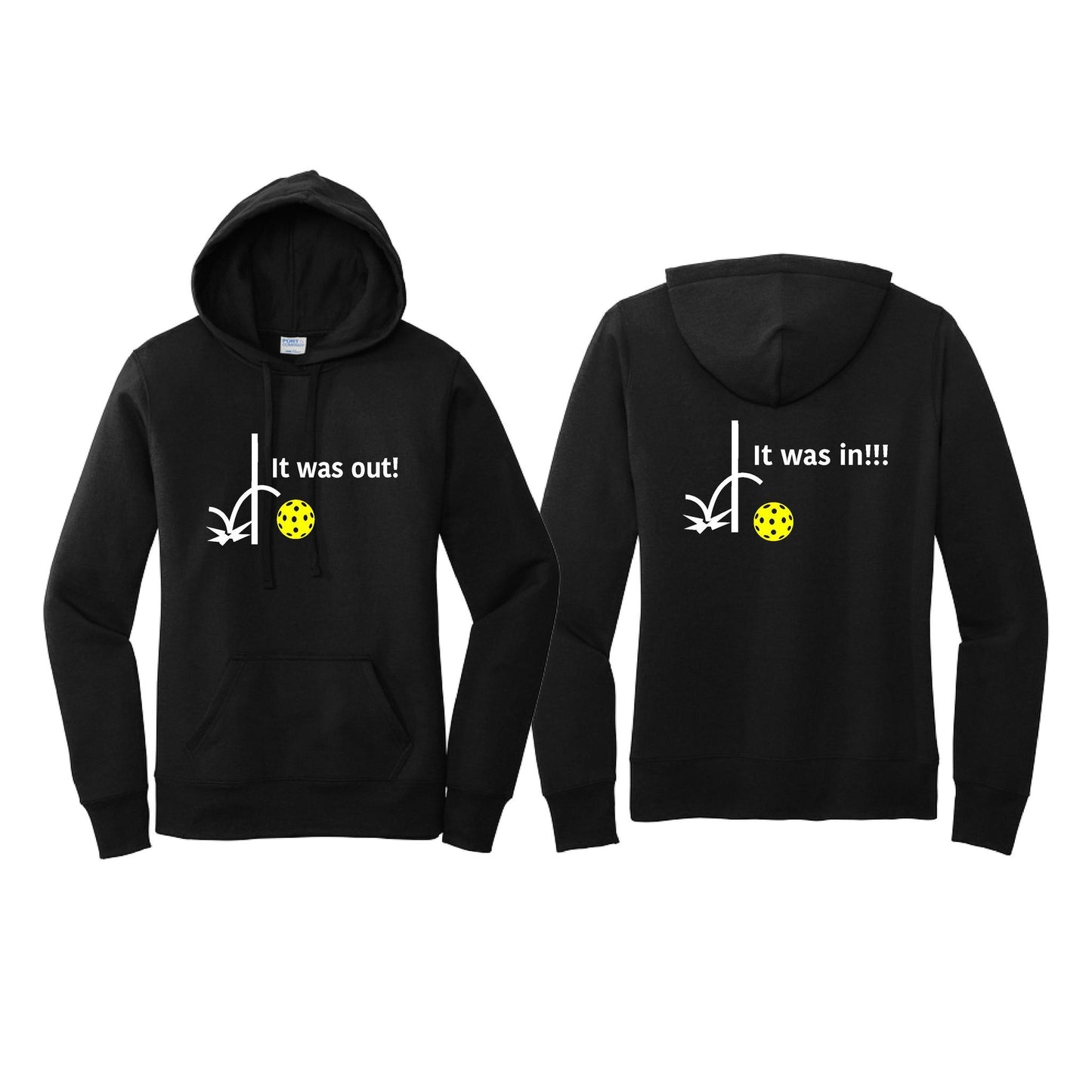 It Was Out! It Was In! (Pickleballs Red White Yellow) | Women’s Fitted Hoodie Pickleball Sweatshirt | 50% Cotton 50% Poly Fleece