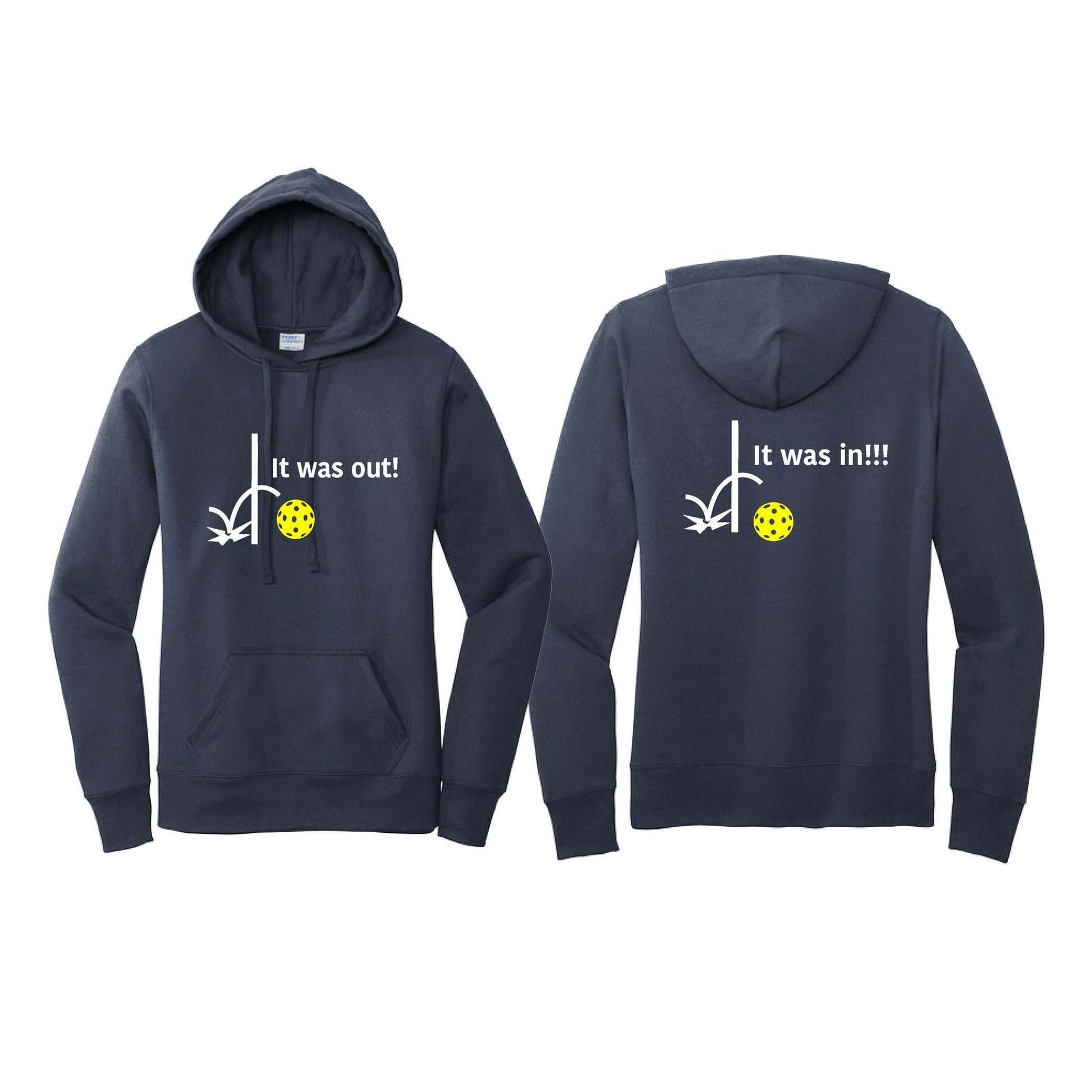 It Was Out! It Was In! (Pickleballs Red White Yellow) | Women’s Fitted Hoodie Pickleball Sweatshirt | 50% Cotton 50% Poly Fleece