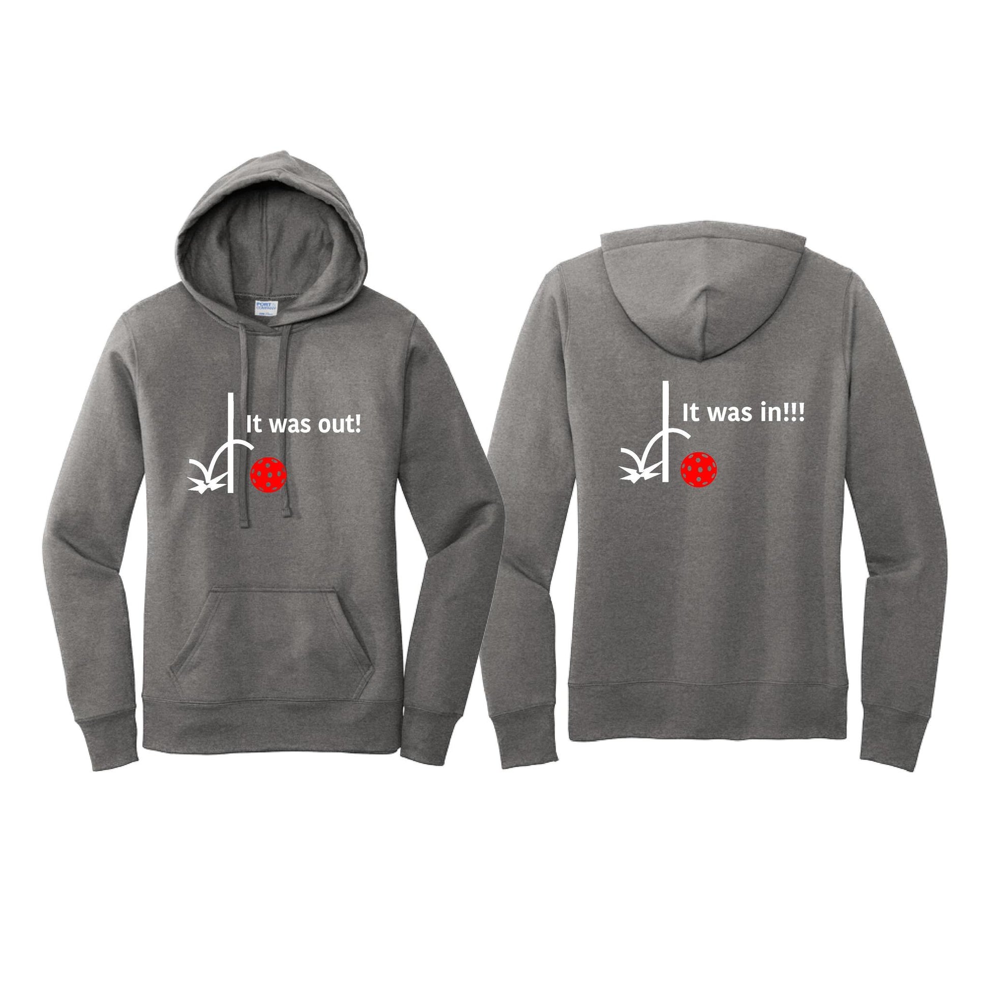 It Was Out! It Was In! (Pickleballs Red White Yellow) | Women’s Fitted Hoodie Pickleball Sweatshirt | 50% Cotton 50% Poly Fleece