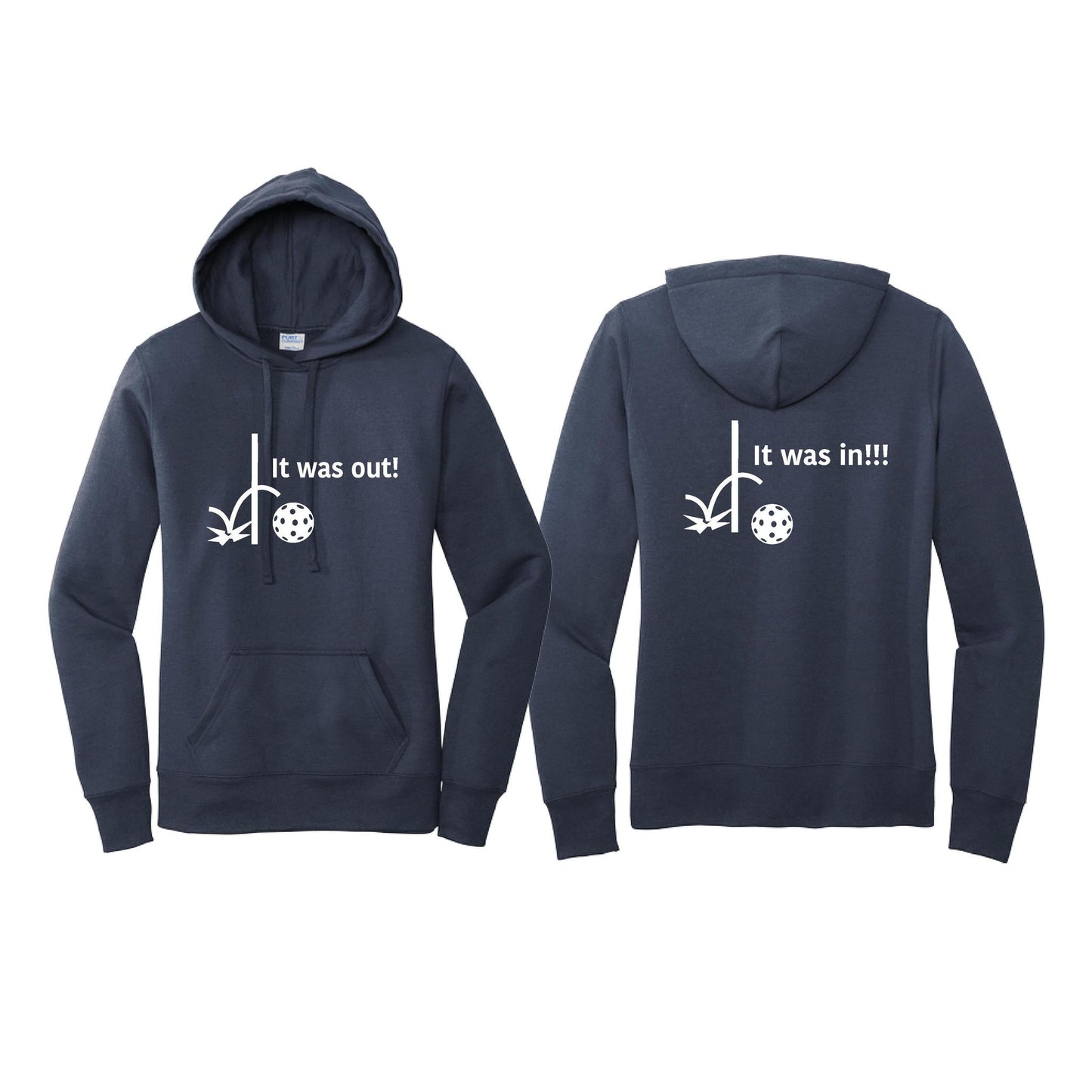 It Was Out! It Was In! (Pickleballs Red White Yellow) | Women’s Fitted Hoodie Pickleball Sweatshirt | 50% Cotton 50% Poly Fleece