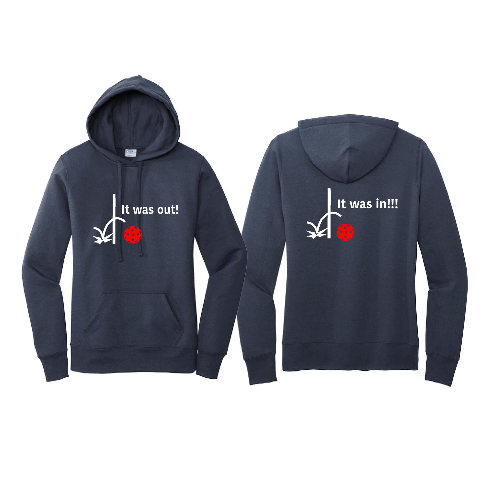 It Was Out! It Was In! (Pickleballs Red White Yellow) | Women’s Fitted Hoodie Pickleball Sweatshirt | 50% Cotton 50% Poly Fleece