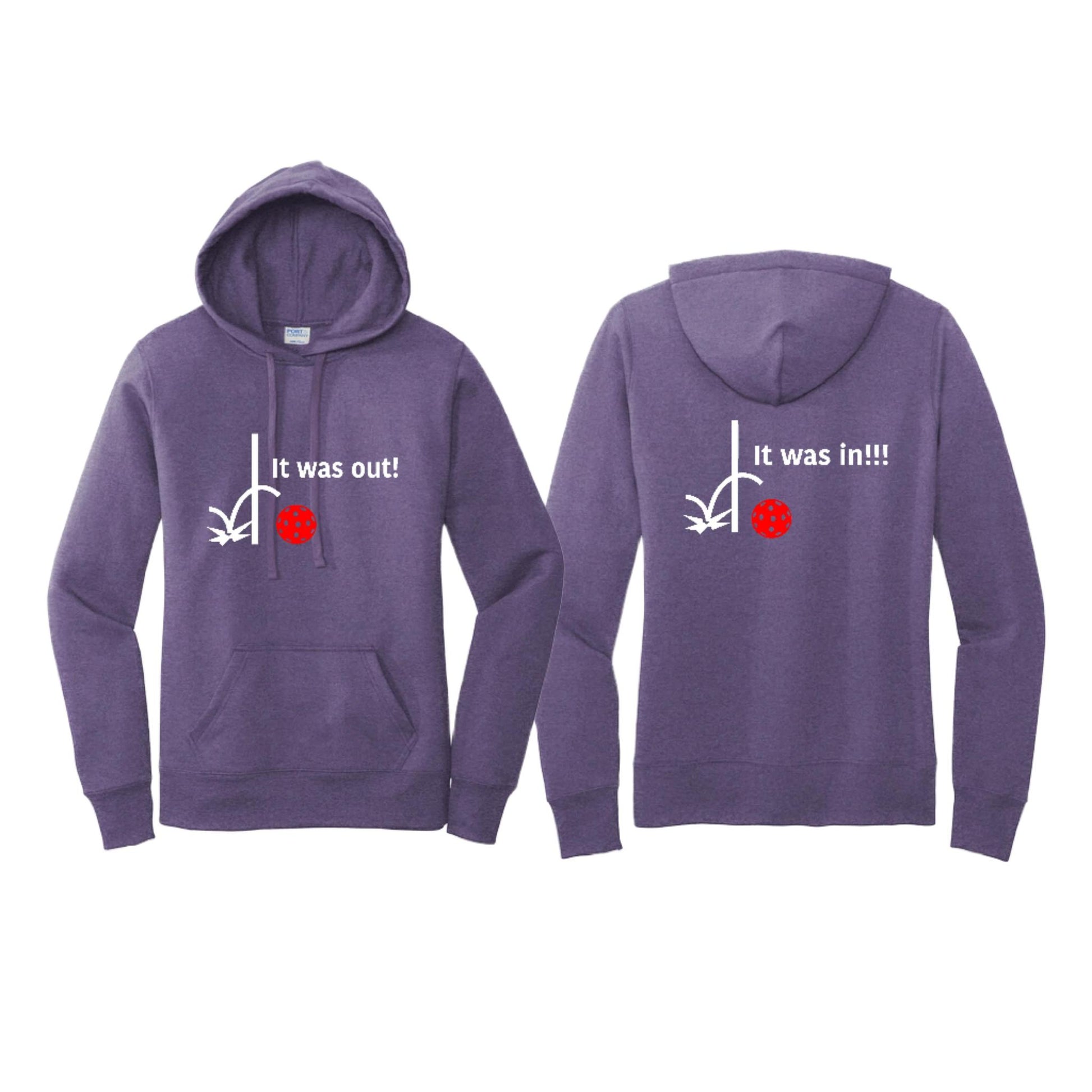 It Was Out! It Was In! (Pickleballs Red White Yellow) | Women’s Fitted Hoodie Pickleball Sweatshirt | 50% Cotton 50% Poly Fleece