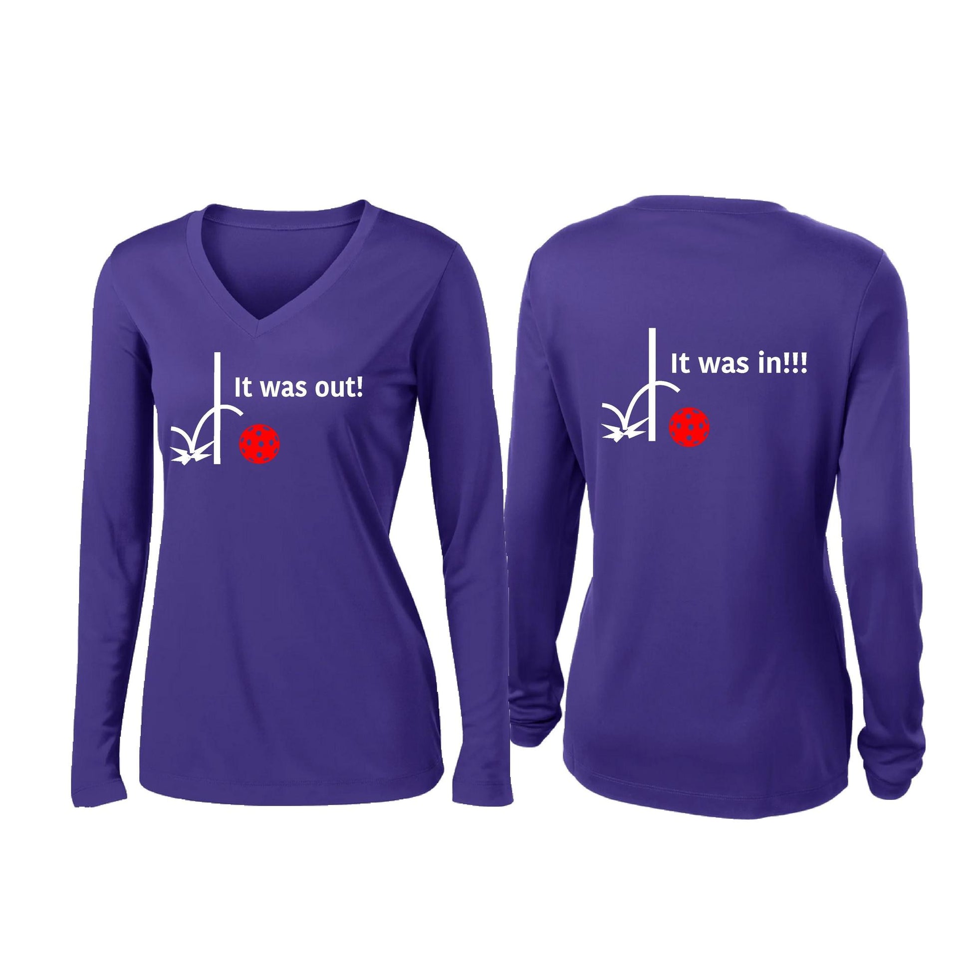 It Was Out! It Was In! (Pickleballs Red White Yellow) | Women’s Long Sleeve V-Neck Pickleball Performance T-Shirt | 100% Polyester