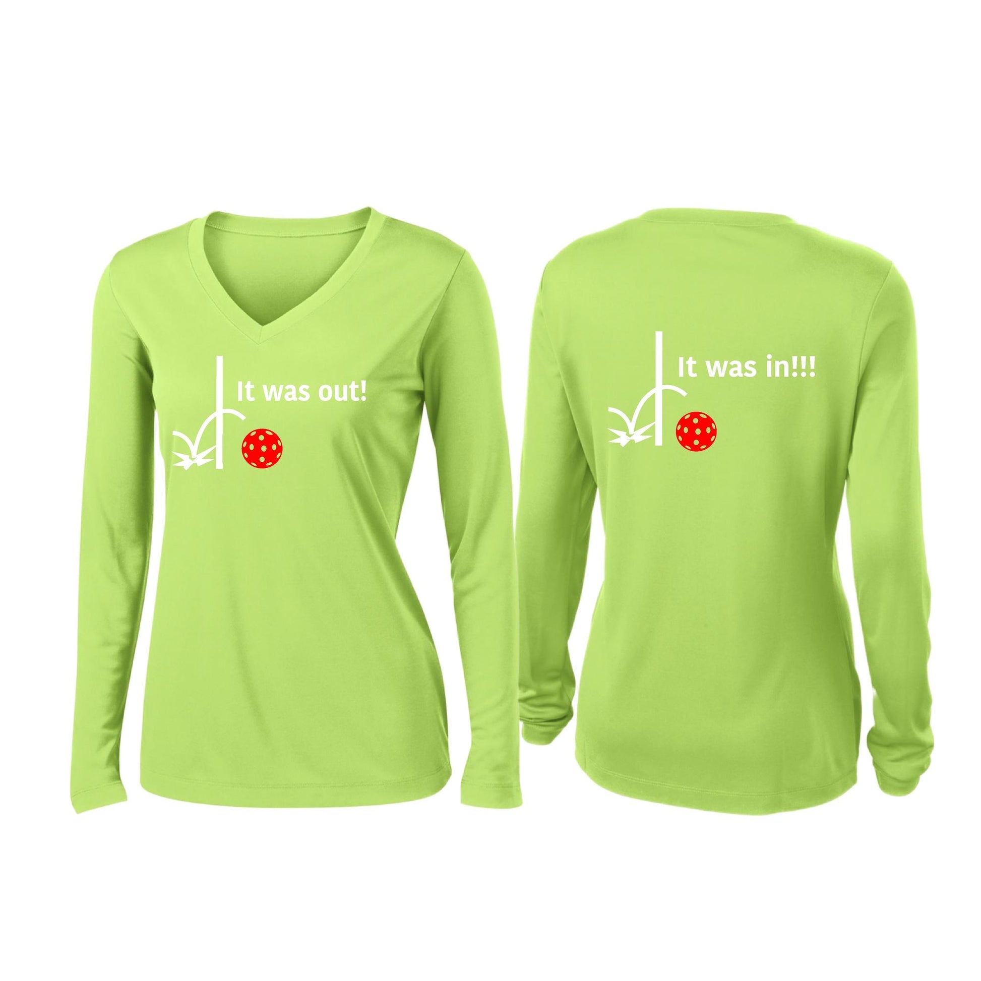 It Was Out! It Was In! (Pickleballs Red White Yellow) | Women’s Long Sleeve V-Neck Pickleball Performance T-Shirt | 100% Polyester