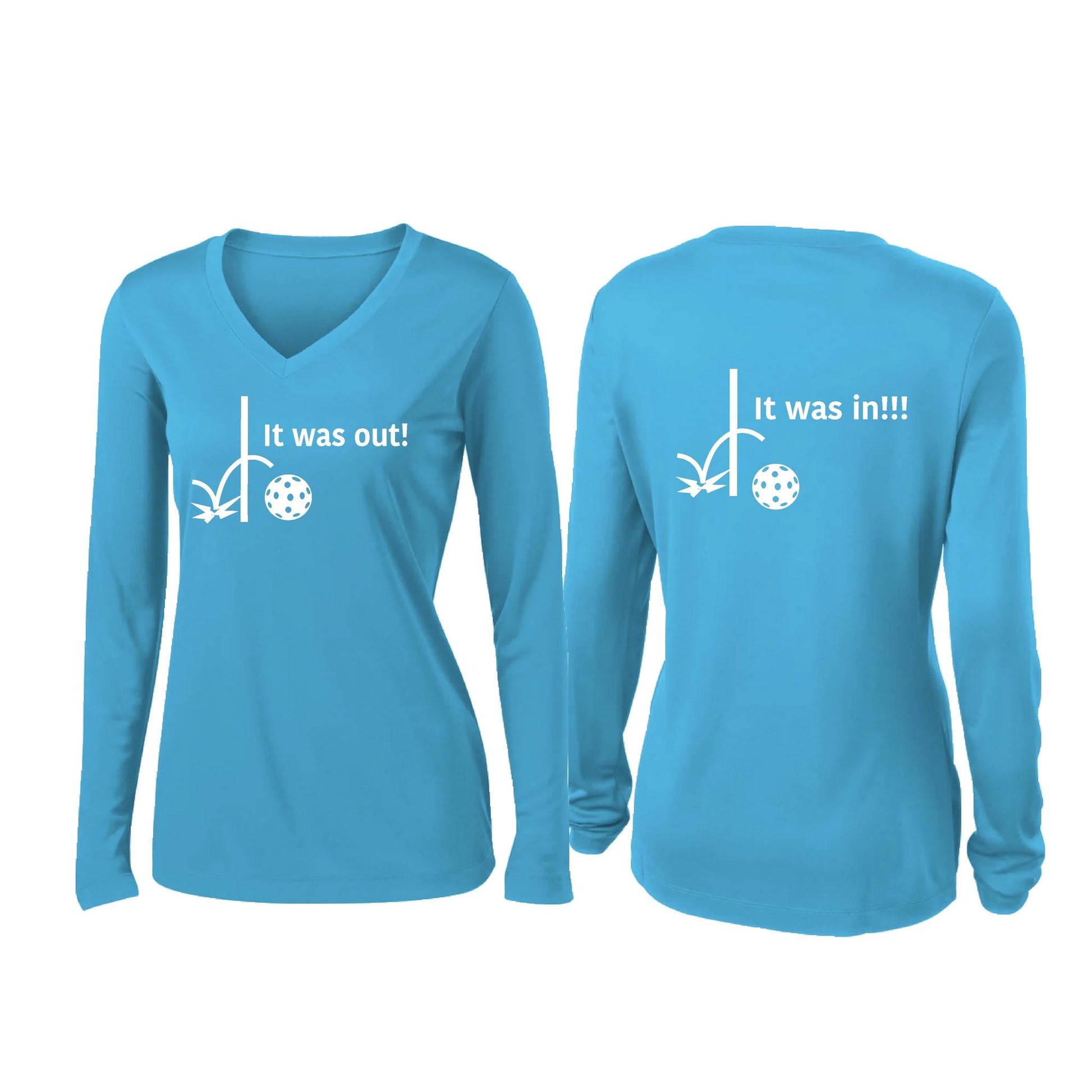 It Was Out! It Was In! (Pickleballs Red White Yellow) | Women’s Long Sleeve V-Neck Pickleball Performance T-Shirt | 100% Polyester