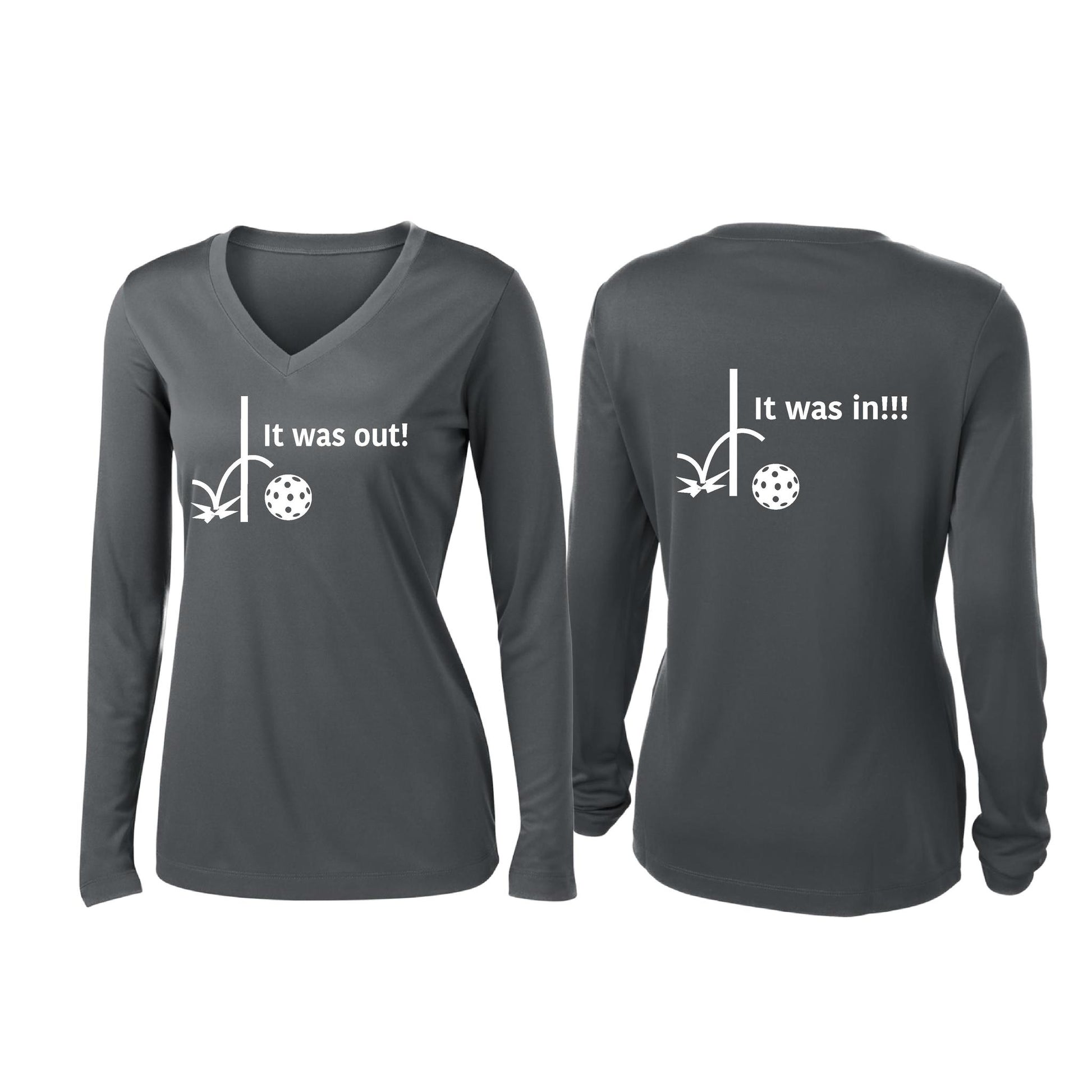 It Was Out! It Was In! (Pickleballs Red White Yellow) | Women’s Long Sleeve V-Neck Pickleball Performance T-Shirt | 100% Polyester