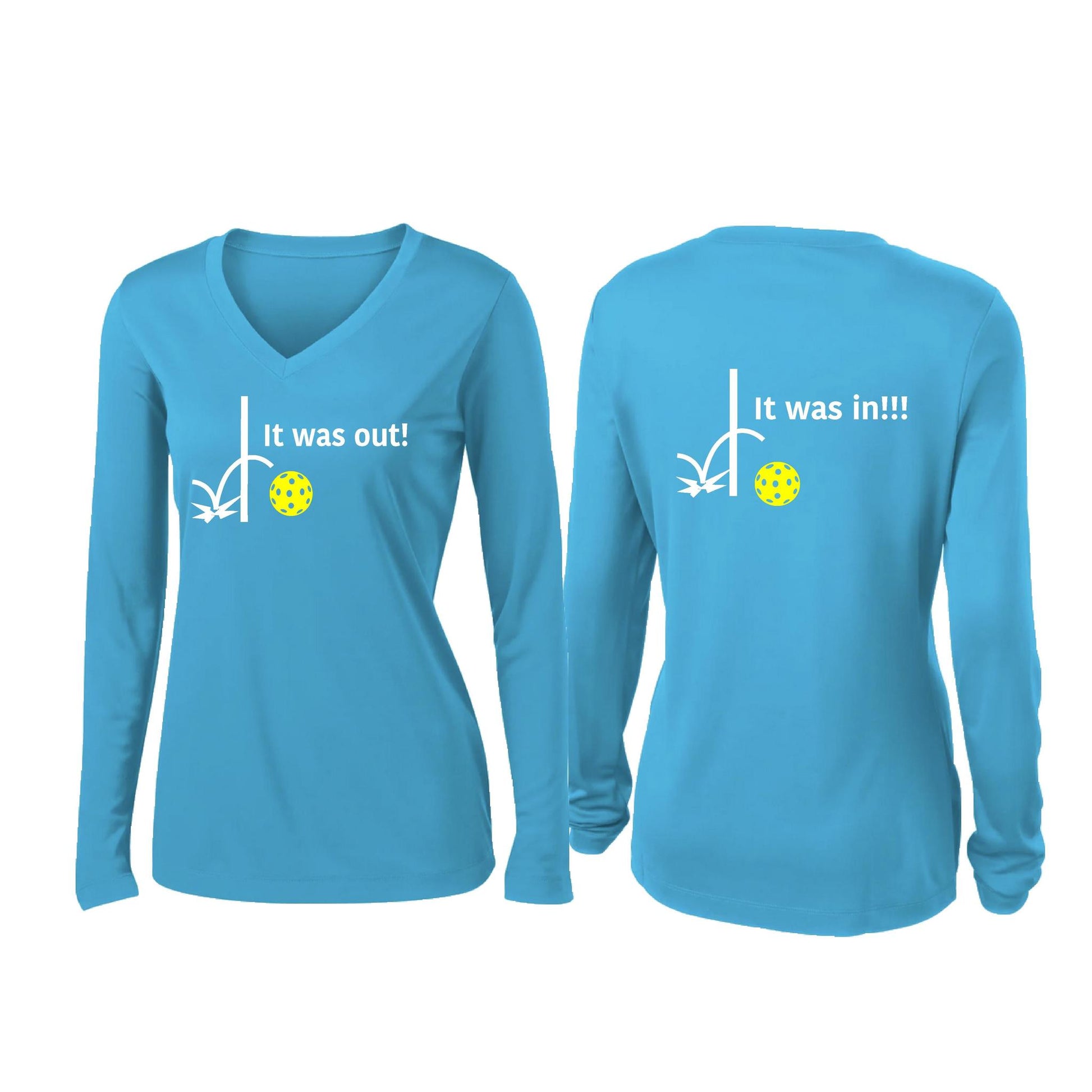 It Was Out! It Was In! (Pickleballs Red White Yellow) | Women’s Long Sleeve V-Neck Pickleball Performance T-Shirt | 100% Polyester