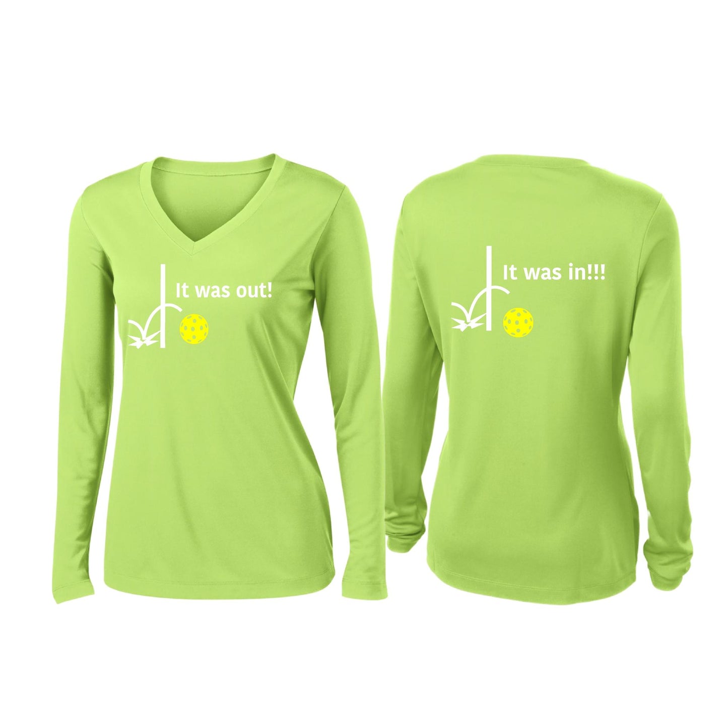 It Was Out! It Was In! (Pickleballs Red White Yellow) | Women’s Long Sleeve V-Neck Pickleball Performance T-Shirt | 100% Polyester