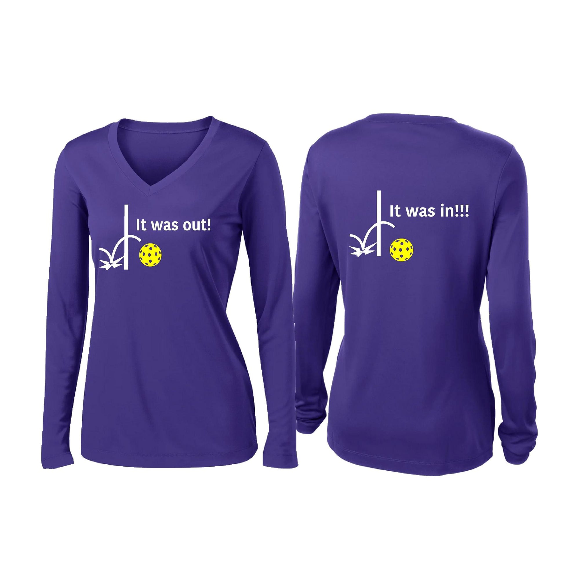 It Was Out! It Was In! (Pickleballs Red White Yellow) | Women’s Long Sleeve V-Neck Pickleball Performance T-Shirt | 100% Polyester