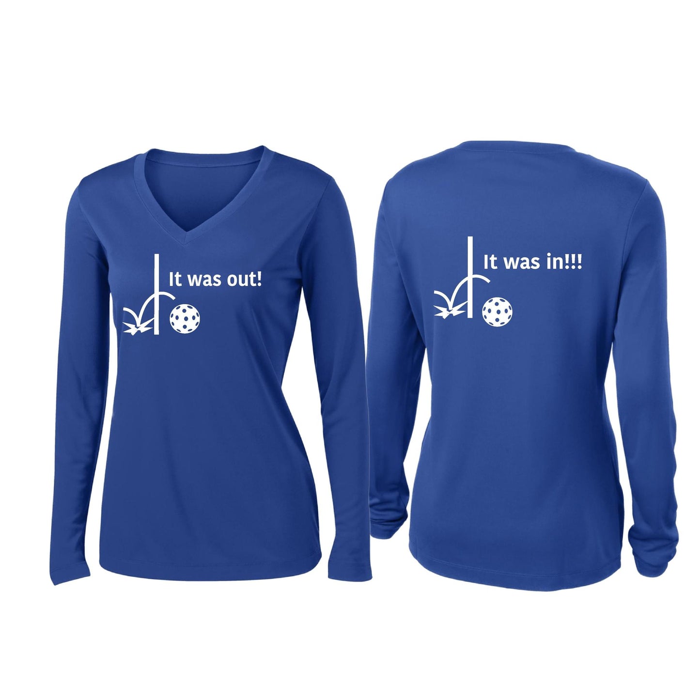 It Was Out! It Was In! (Pickleballs Red White Yellow) | Women’s Long Sleeve V-Neck Pickleball Performance T-Shirt | 100% Polyester