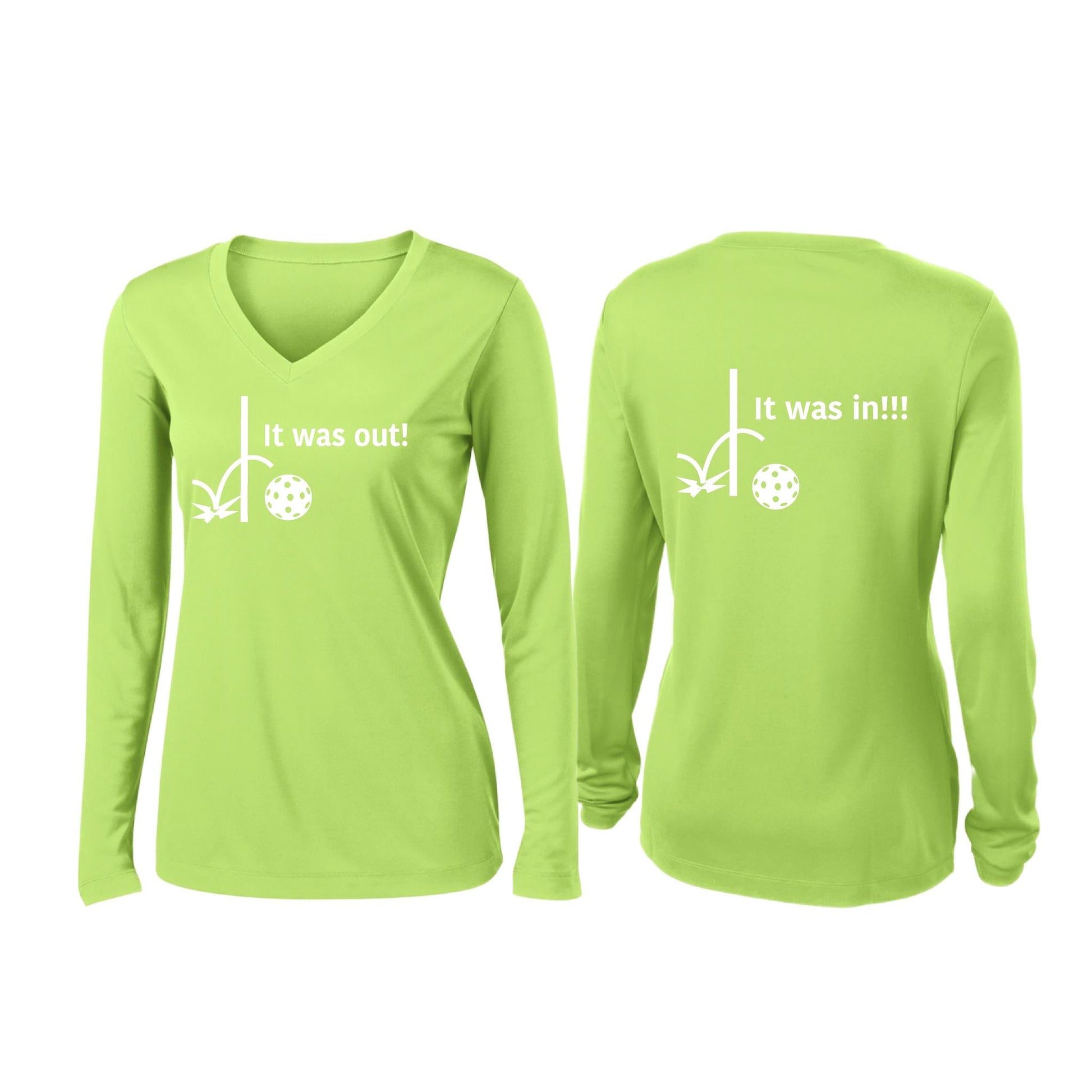 It Was Out! It Was In! (Pickleballs Red White Yellow) | Women’s Long Sleeve V-Neck Pickleball Performance T-Shirt | 100% Polyester