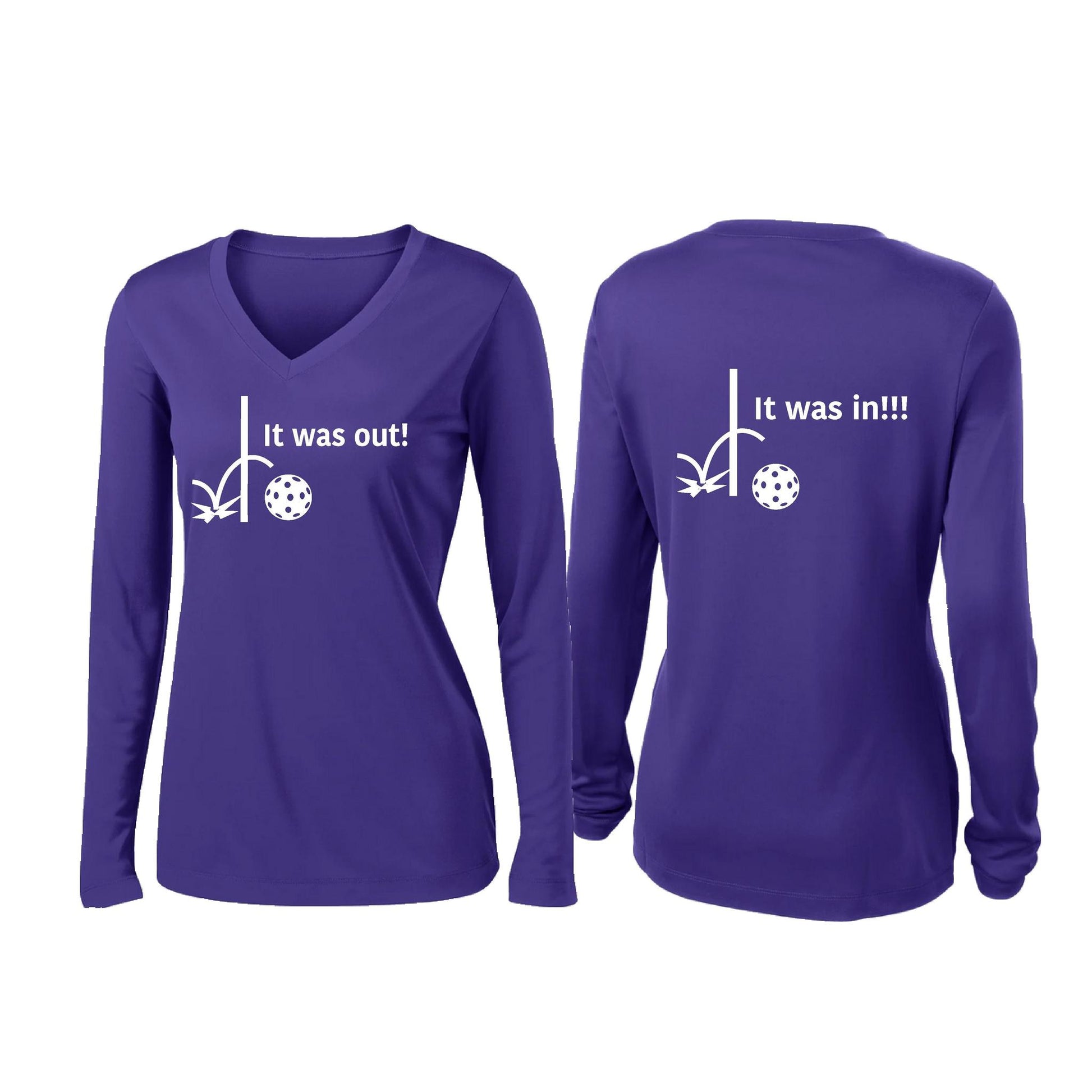 It Was Out! It Was In! (Pickleballs Red White Yellow) | Women’s Long Sleeve V-Neck Pickleball Performance T-Shirt | 100% Polyester