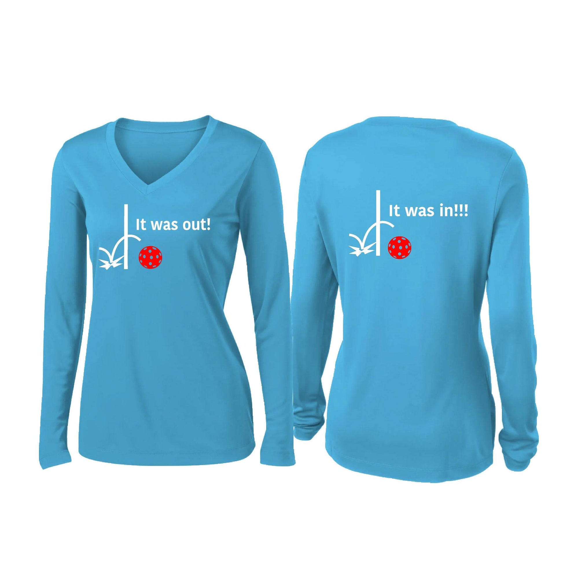 It Was Out! It Was In! (Pickleballs Red White Yellow) | Women’s Long Sleeve V-Neck Pickleball Performance T-Shirt | 100% Polyester