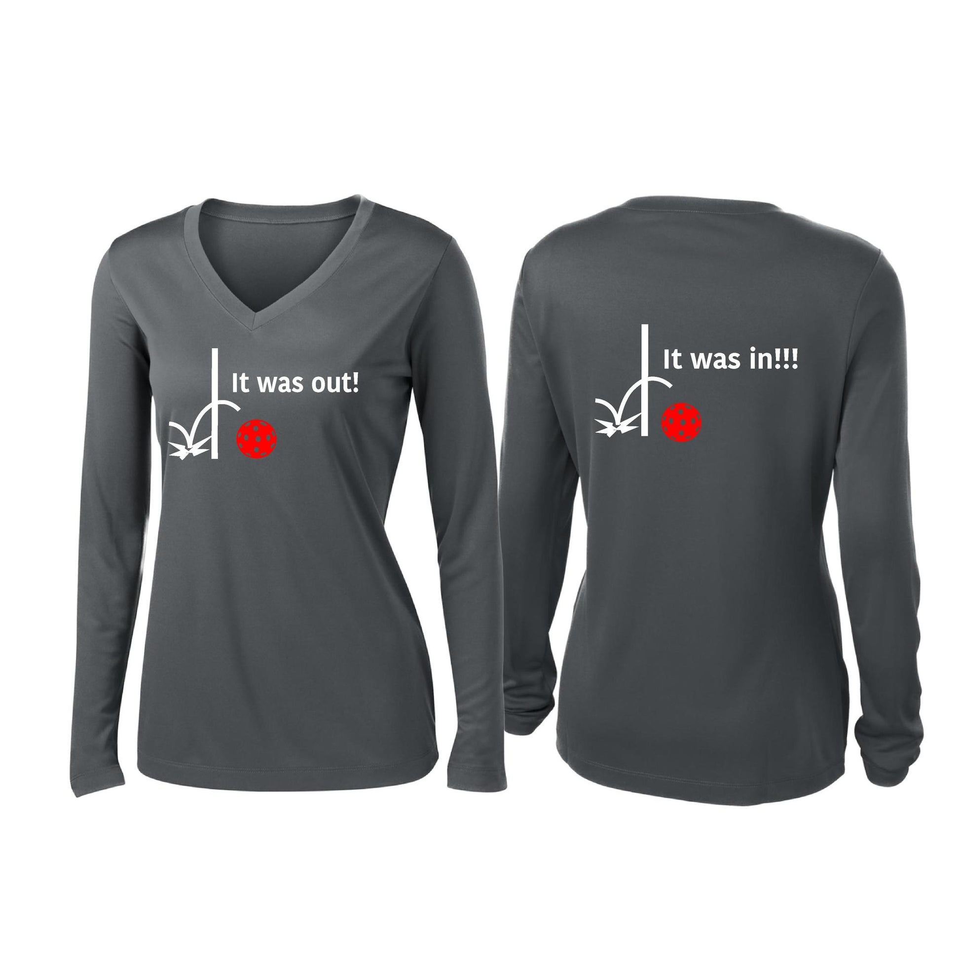 It Was Out! It Was In! (Pickleballs Red White Yellow) | Women’s Long Sleeve V-Neck Pickleball Performance T-Shirt | 100% Polyester