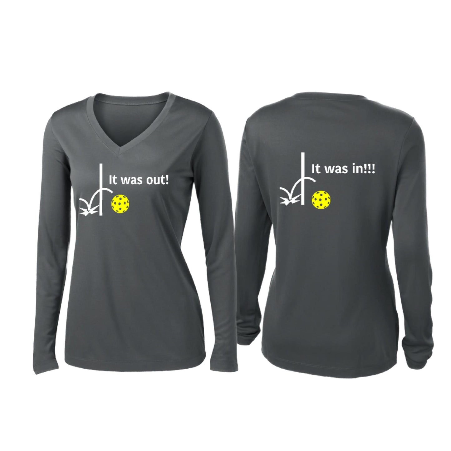 It Was Out! It Was In! (Pickleballs Red White Yellow) | Women’s Long Sleeve V-Neck Pickleball Performance T-Shirt | 100% Polyester