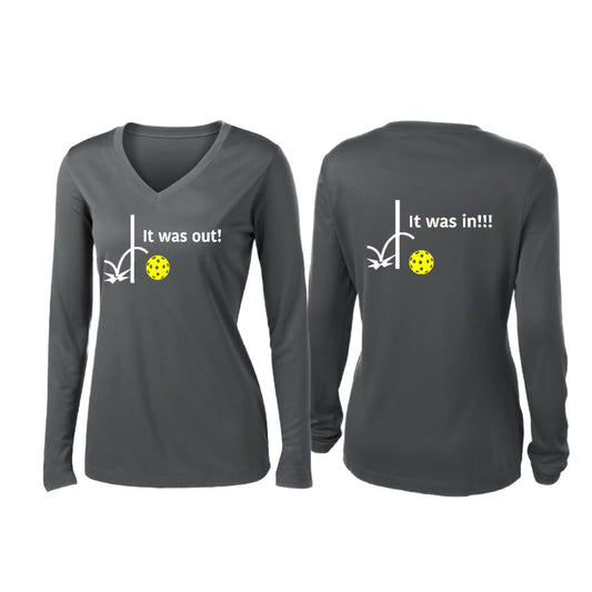 It Was Out! It Was In! (Pickleballs Red White Yellow) | Women’s Long Sleeve V-Neck Pickleball Performance T-Shirt | 100% Polyester