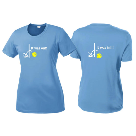 It Was Out! It Was In! (Pickleballs Red White Yellow) | Women’s Short Sleeve Crewneck Pickleball T-Shirts | 100% Polyester
