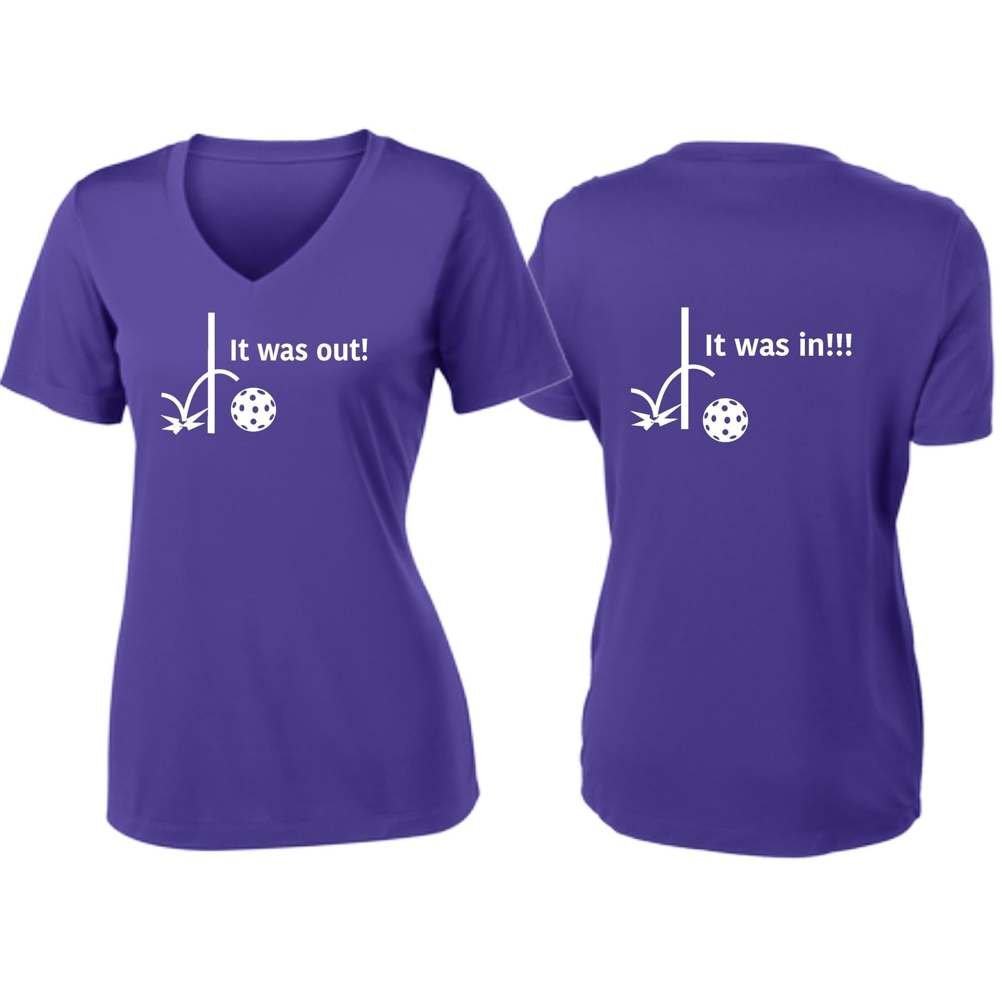 It Was Out! It Was In! (Pickleballs Red White Yellow) | Women's Short Sleeve V-Neck Pickleball T-Shirts | 100% Polyester