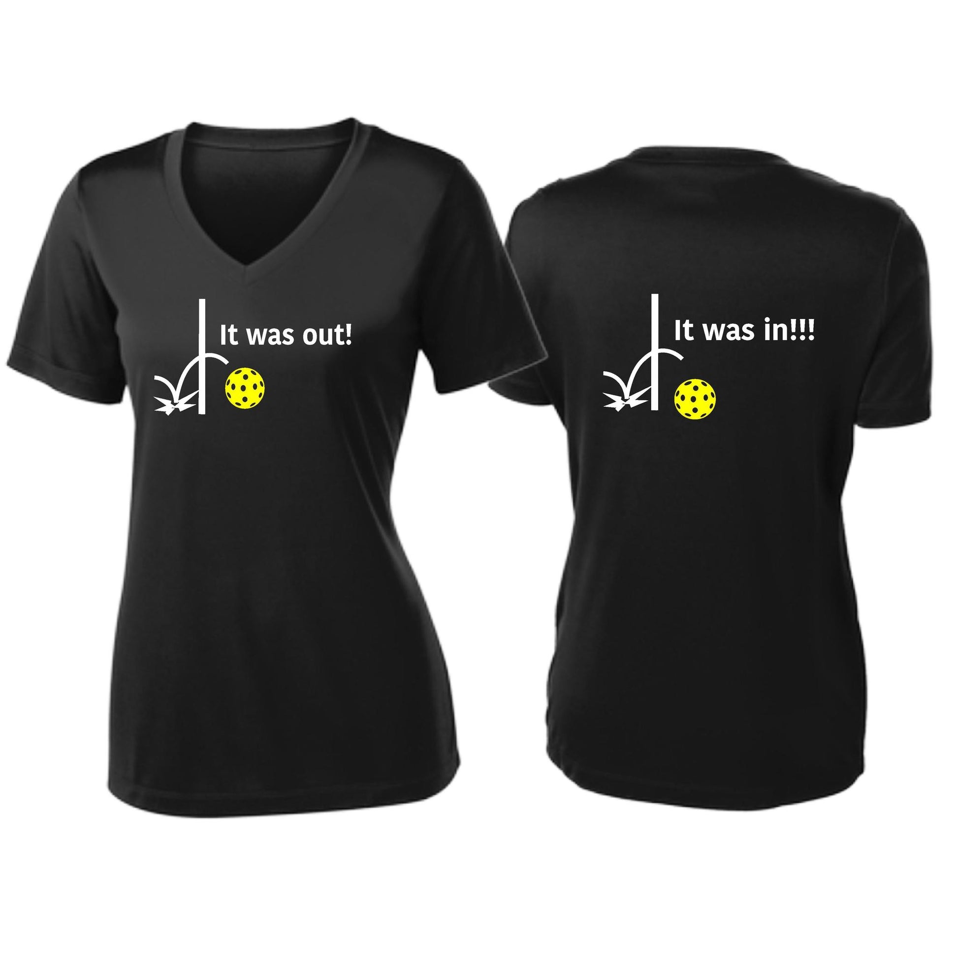 It Was Out! It Was In! (Pickleballs Red White Yellow) | Women's Short Sleeve V-Neck Pickleball T-Shirts | 100% Polyester