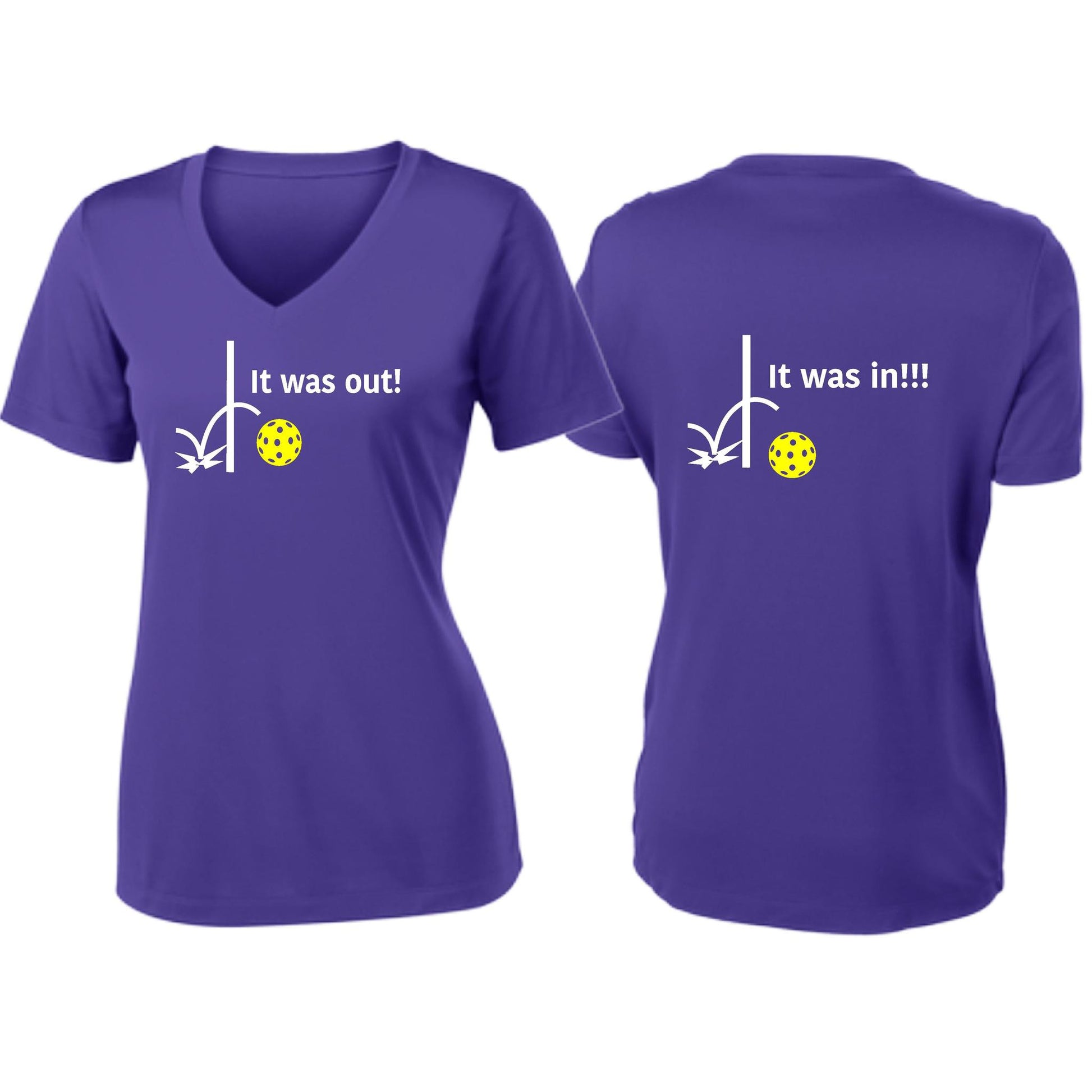 It Was Out! It Was In! (Pickleballs Red White Yellow) | Women's Short Sleeve V-Neck Pickleball T-Shirts | 100% Polyester