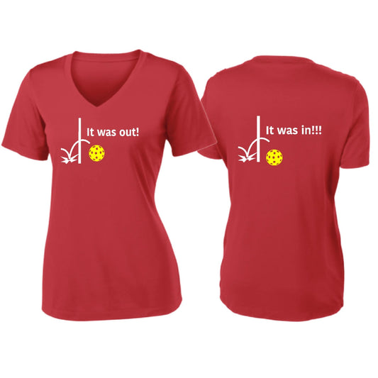 It Was Out! It Was In! (Pickleballs Red White Yellow) | Women's Short Sleeve V-Neck Pickleball T-Shirts | 100% Polyester