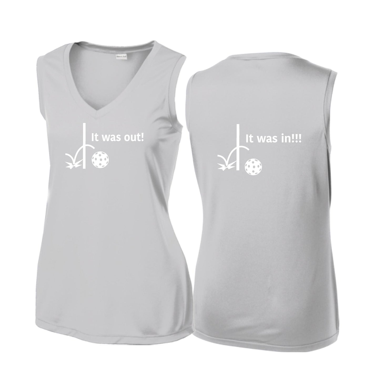 It Was Out! It Was In! (Pickleballs Red White Yellow) | Women’s Sleeveless Athletic Performance T-Shirt | 100% Polyester