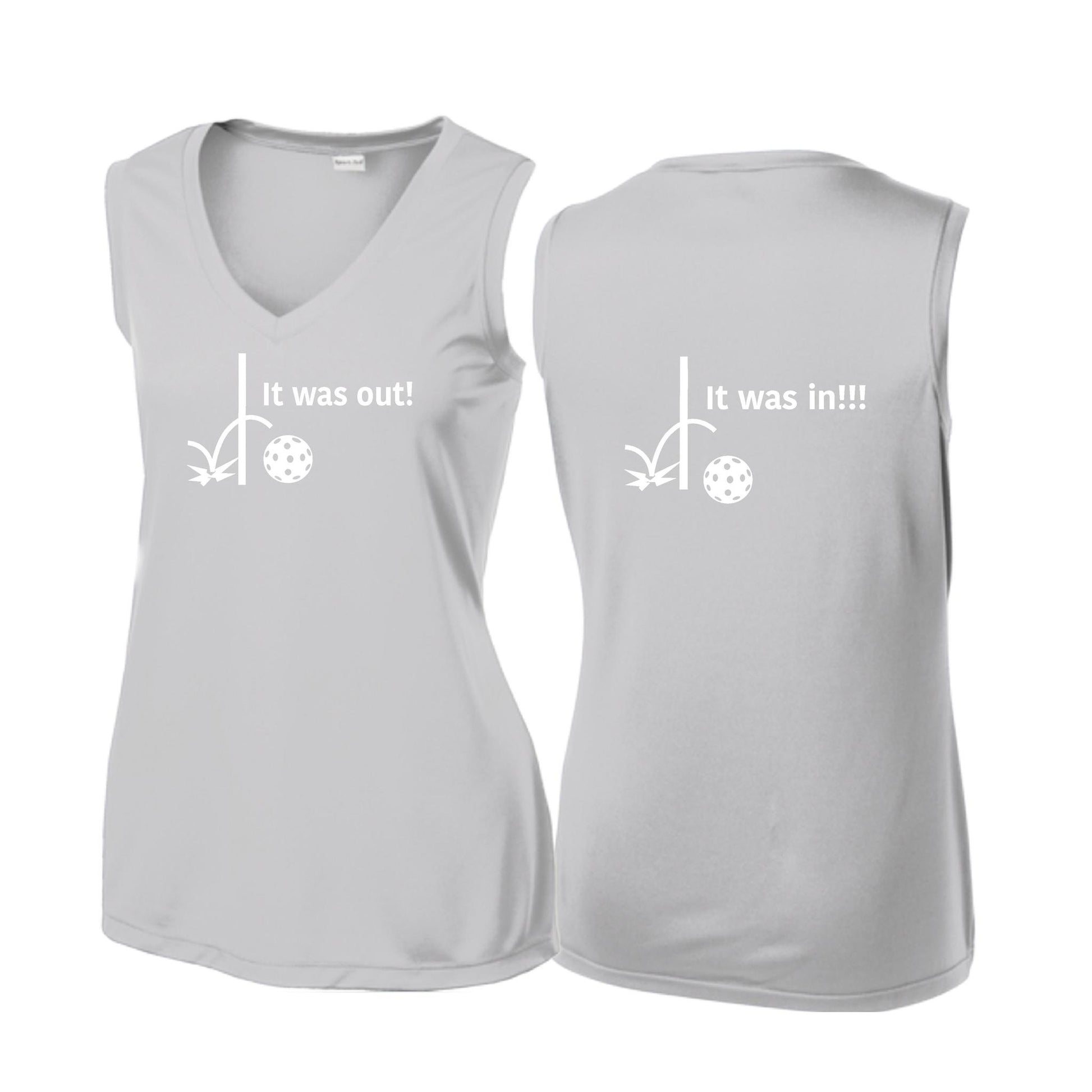 It Was Out! It Was In! (Pickleballs Red White Yellow) | Women’s Sleeveless Athletic Performance T-Shirt | 100% Polyester