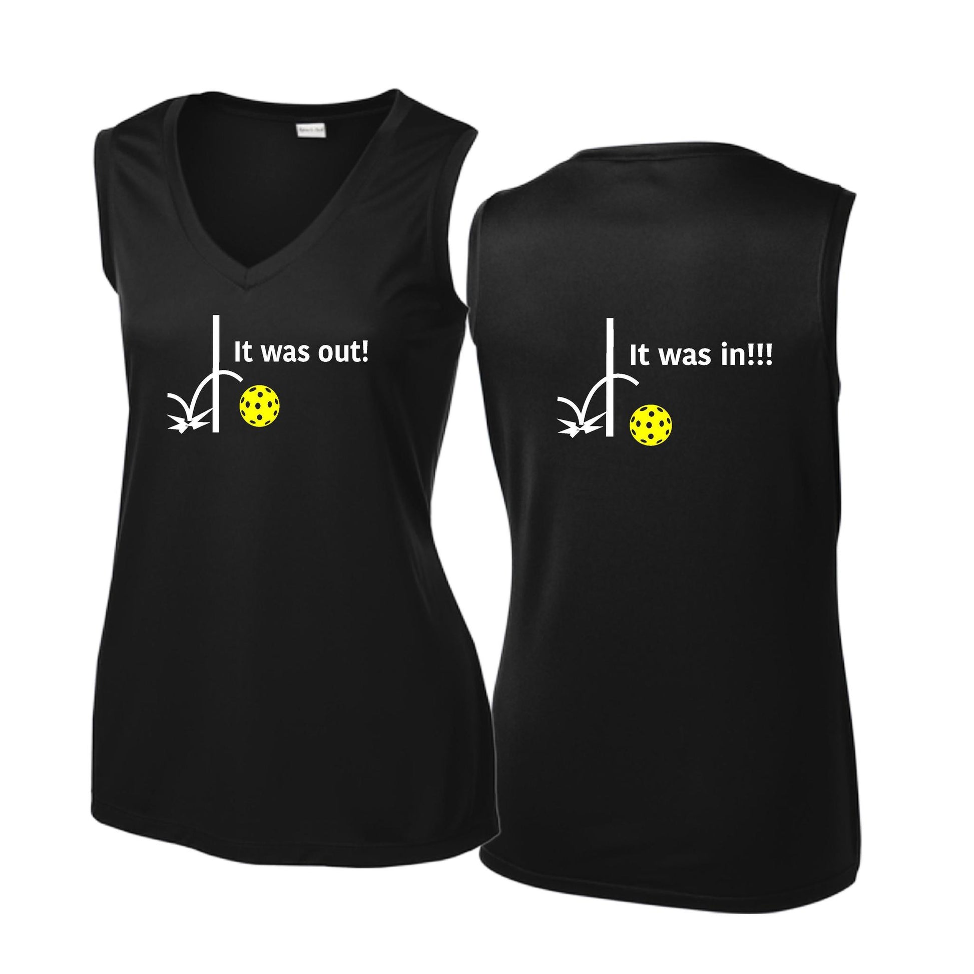 It Was Out! It Was In! (Pickleballs Red White Yellow) | Women’s Sleeveless Athletic Performance T-Shirt | 100% Polyester