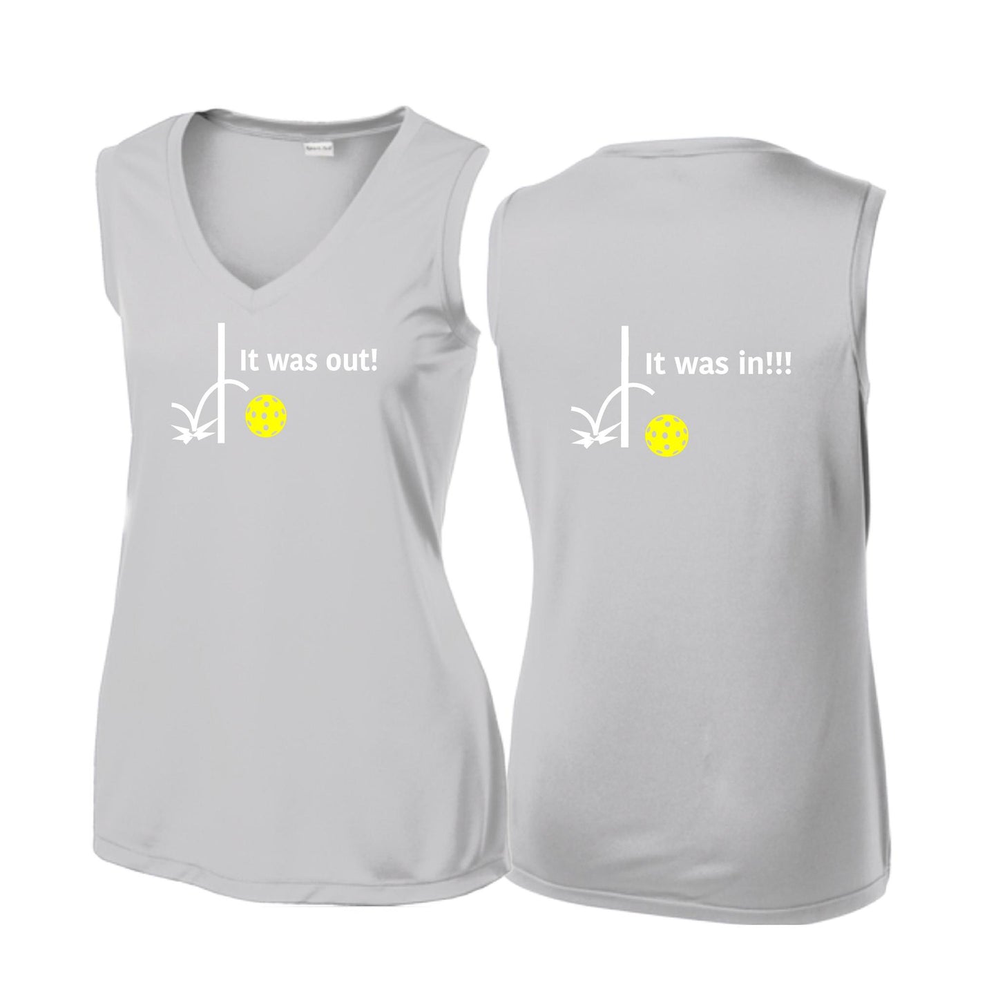 It Was Out! It Was In! (Pickleballs Red White Yellow) | Women’s Sleeveless Athletic Performance T-Shirt | 100% Polyester