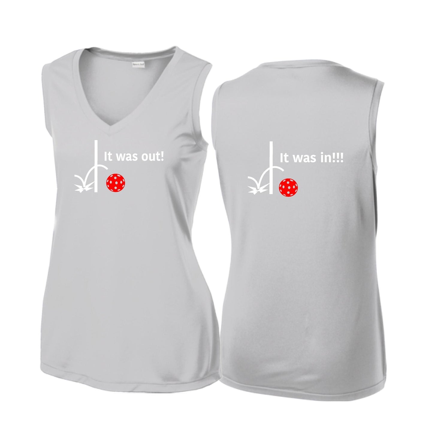 It Was Out! It Was In! (Pickleballs Red White Yellow) | Women’s Sleeveless Athletic Performance T-Shirt | 100% Polyester