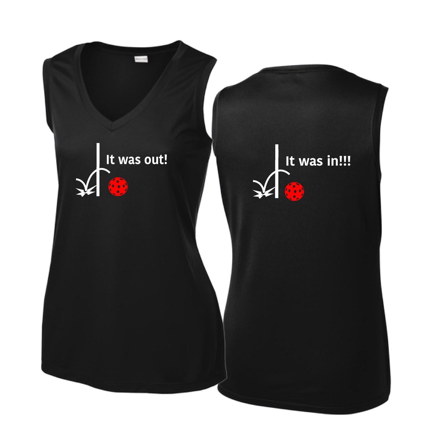 It Was Out! It Was In! (Pickleballs Red White Yellow) | Women’s Sleeveless Athletic Performance T-Shirt | 100% Polyester