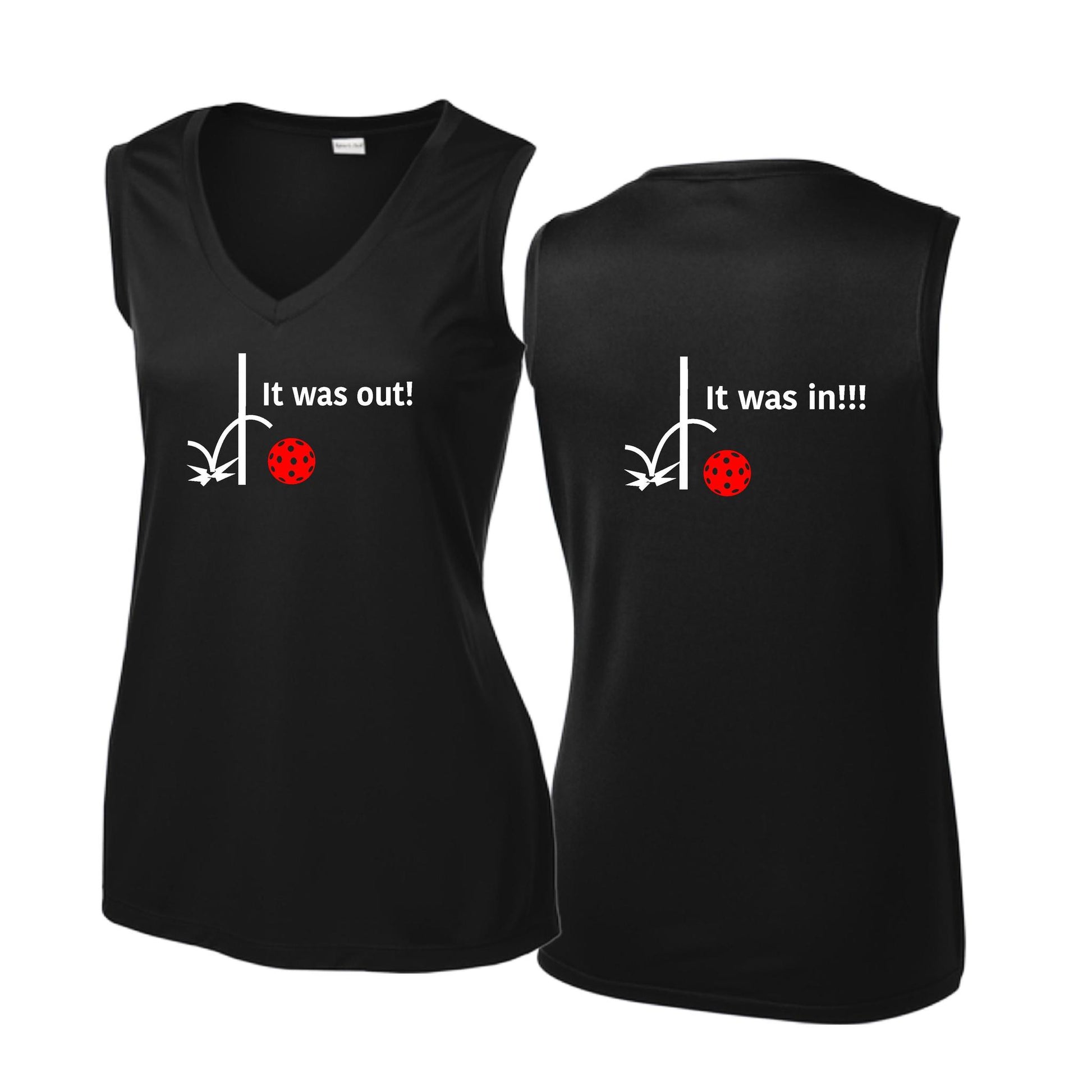 It Was Out! It Was In! (Pickleballs Red White Yellow) | Women’s Sleeveless Athletic Performance T-Shirt | 100% Polyester