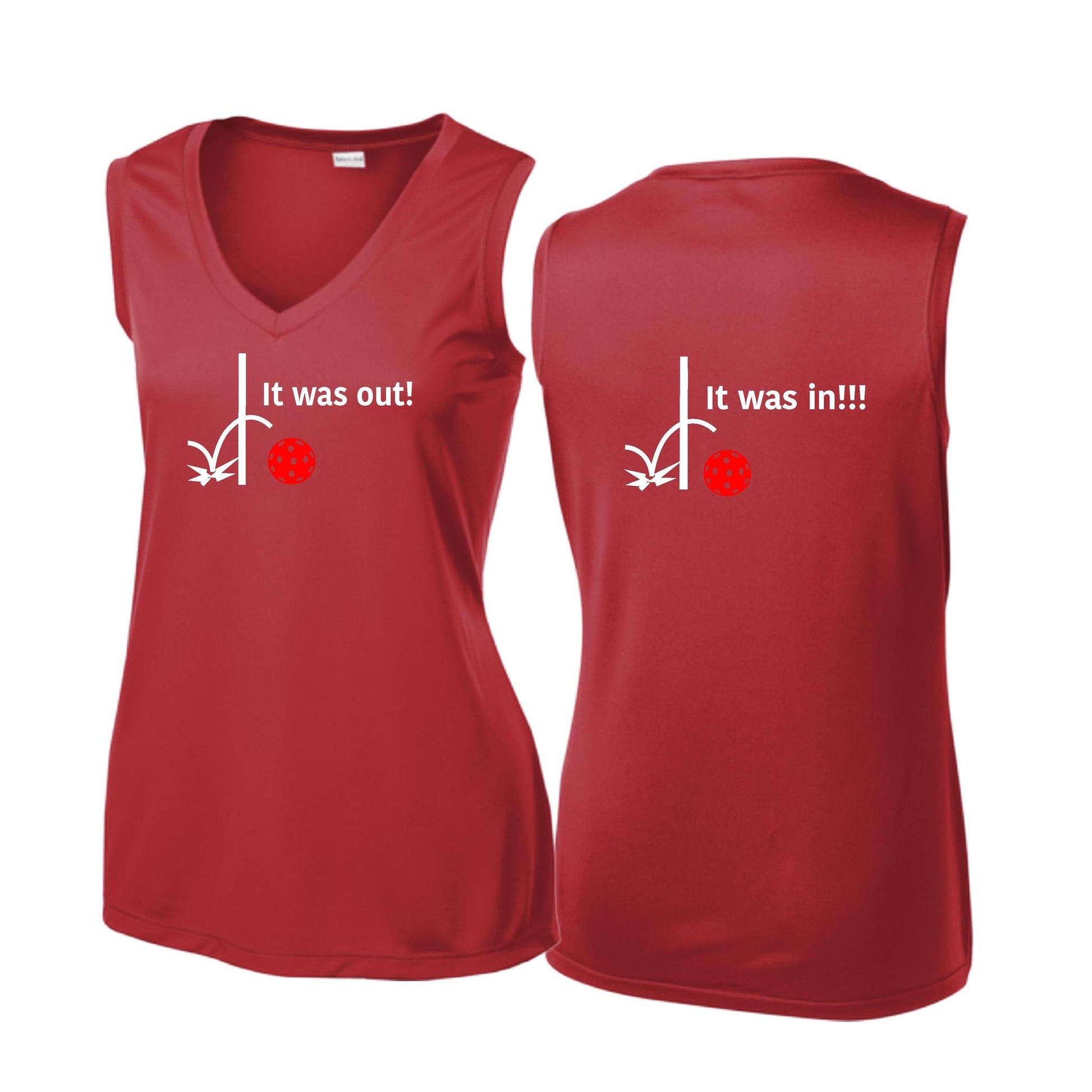 It Was Out! It Was In! (Pickleballs Red White Yellow) | Women’s Sleeveless Athletic Performance T-Shirt | 100% Polyester
