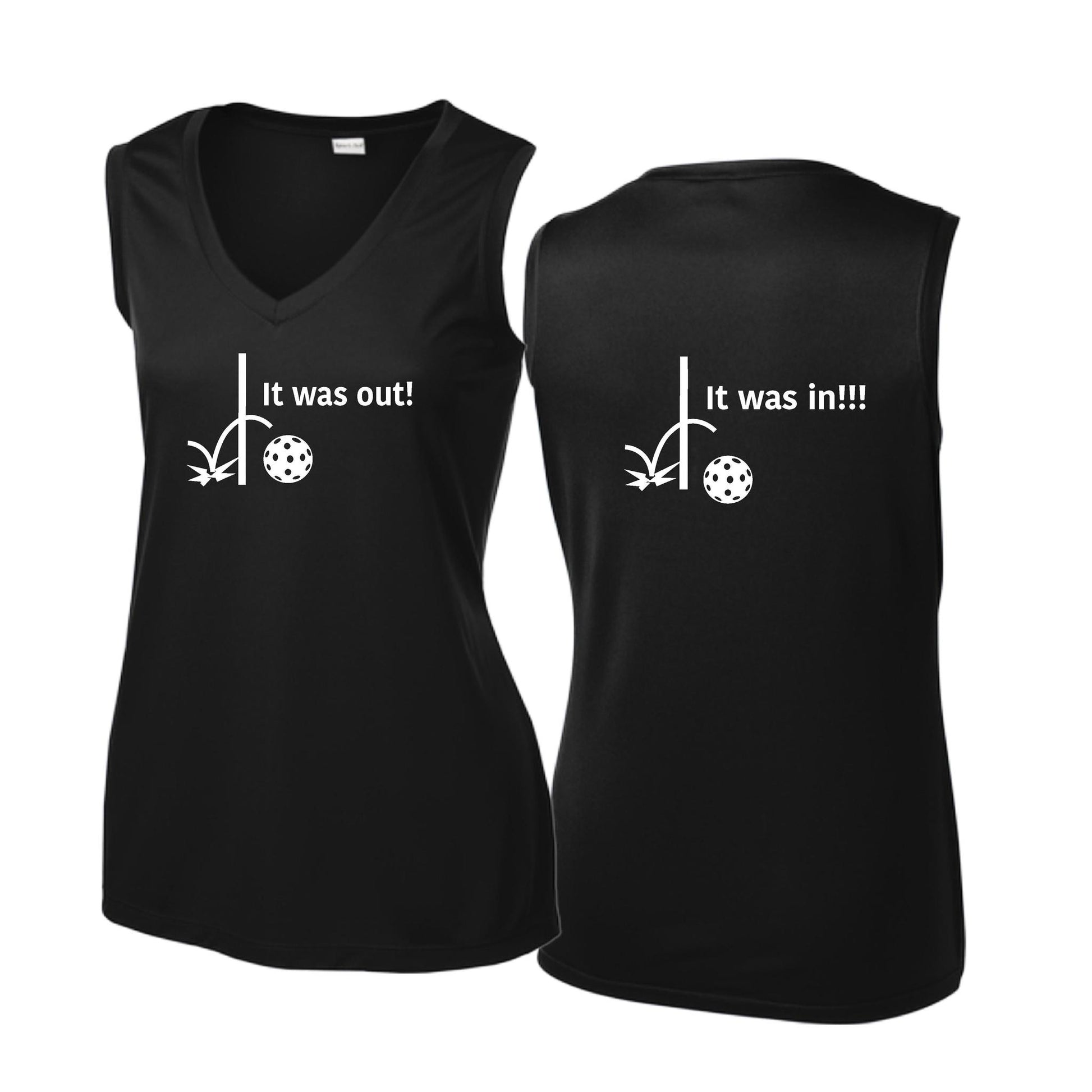 It Was Out! It Was In! (Pickleballs Red White Yellow) | Women’s Sleeveless Athletic Performance T-Shirt | 100% Polyester