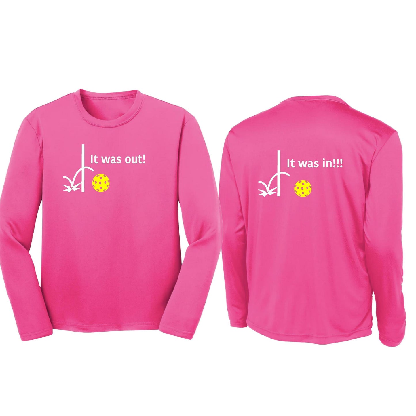 It Was Out! It Was In! (Pickleballs Red White Yellow) | Youth Long Sleeve Pickleball T-Shirts | 100% Polyester