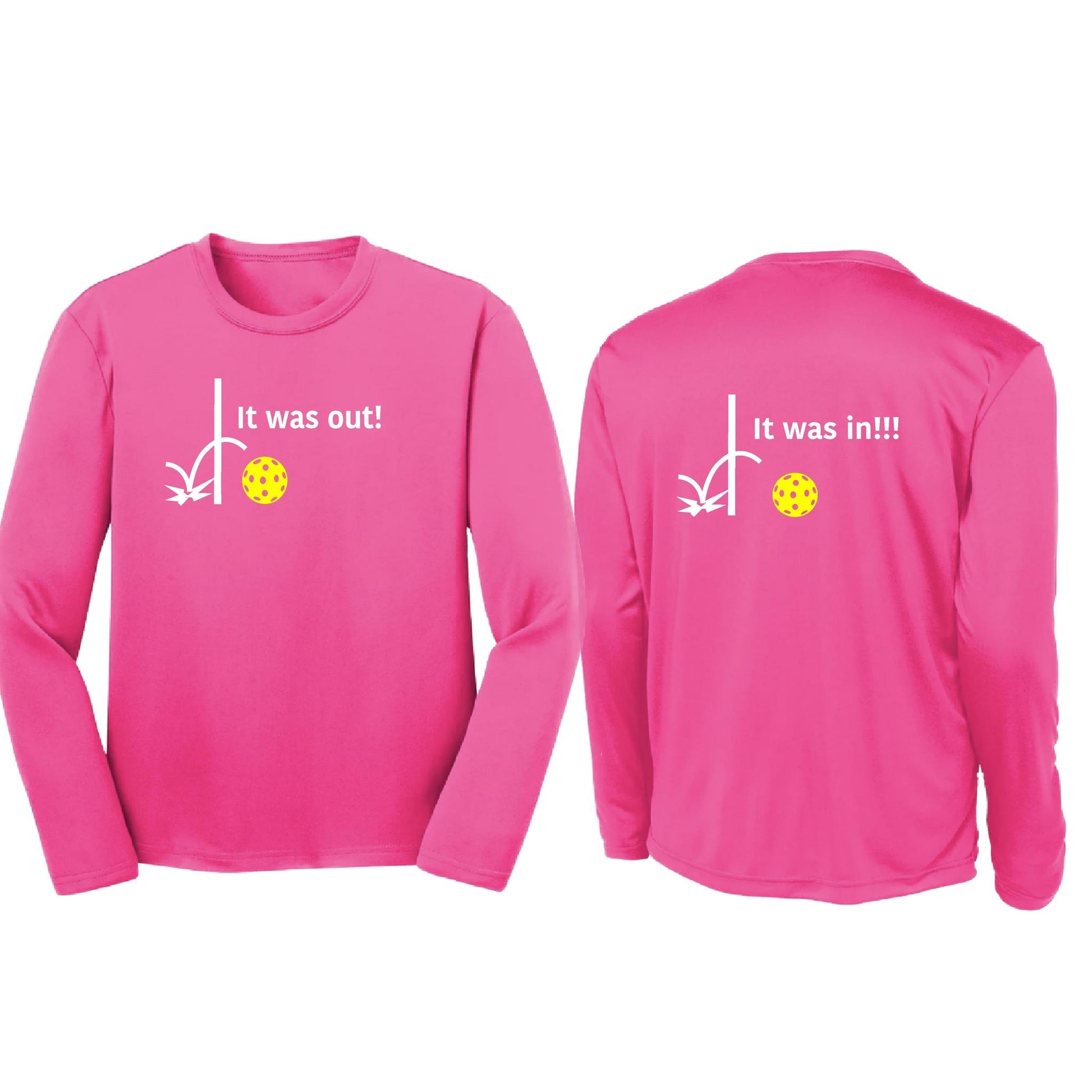 It Was Out! It Was In! (Pickleballs Red White Yellow) | Youth Long Sleeve Pickleball T-Shirts | 100% Polyester