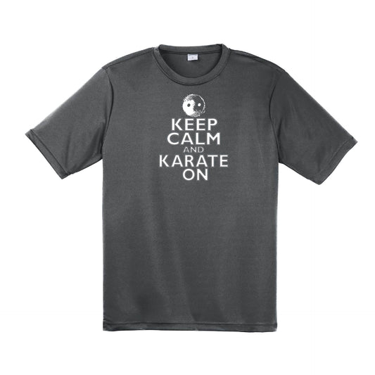 Keep Calm and Karate On (Grey Outlined) | Men's Short Sleeve Athletic Karate Performance T-Shirt | 100% Polyester