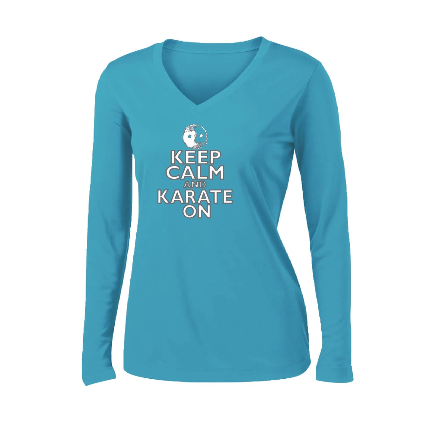 Keep Calm and Karate On (Grey Outlined) | Women’s Long Sleeve V-Neck Karate Performance T-Shirt | 100% Polyester
