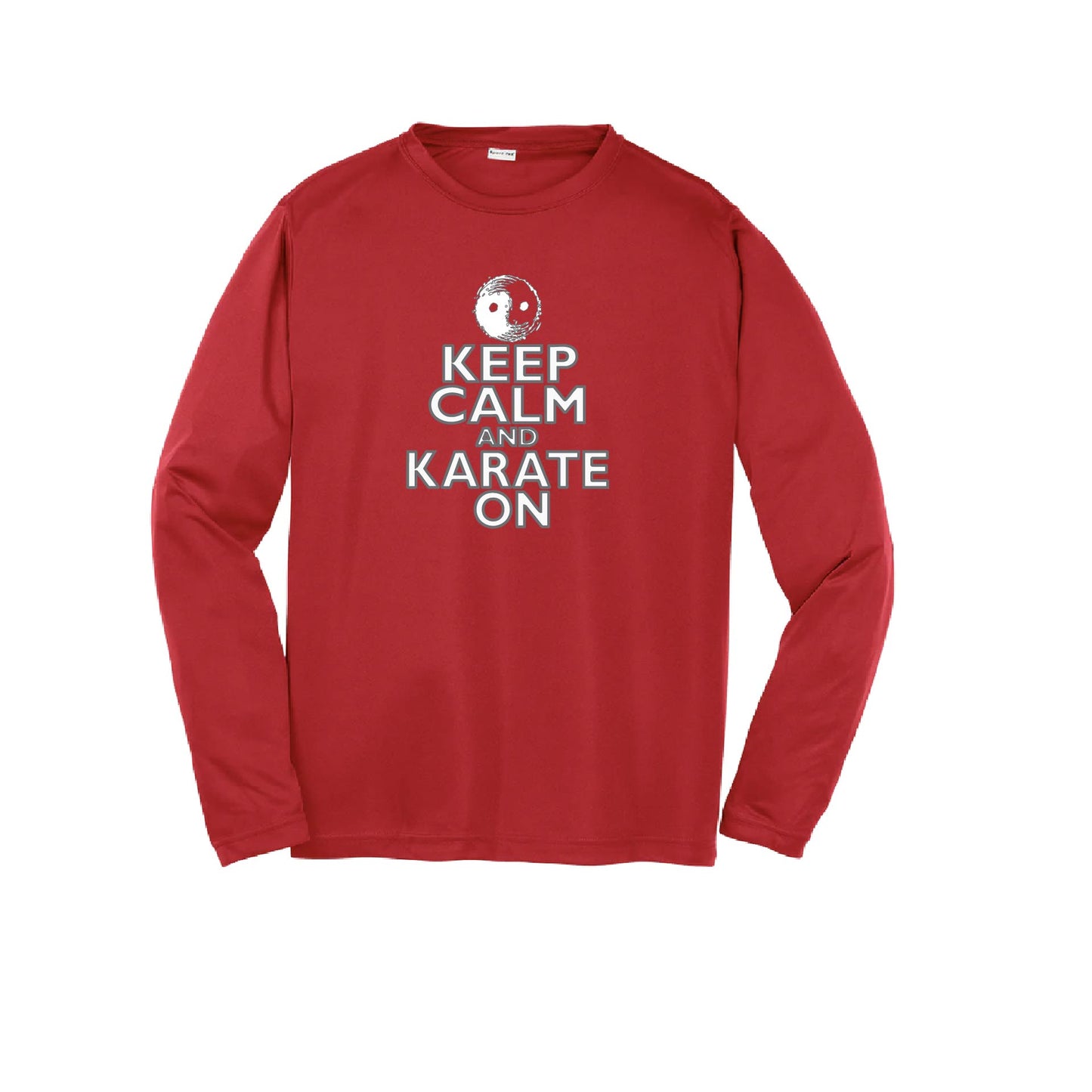 Keep Calm and Karate On (Grey Outlined) | Youth Long Sleeve Karate Performance T-Shirts | 100% Polyester