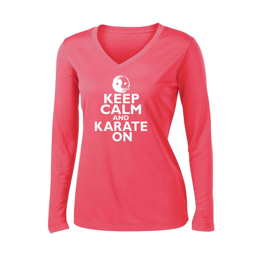 Keep Calm and Karate On | Women’s Long Sleeve V-Neck Karate Performance T-Shirt | 100% Polyester