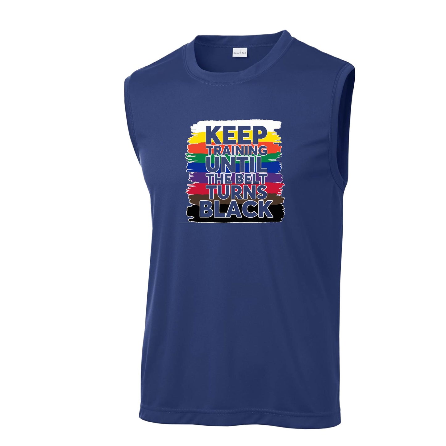 Keep Training Until the Belt turns Black | Men's Sleeveless Athletic Karate Performance T-Shirt | 100% Polyester