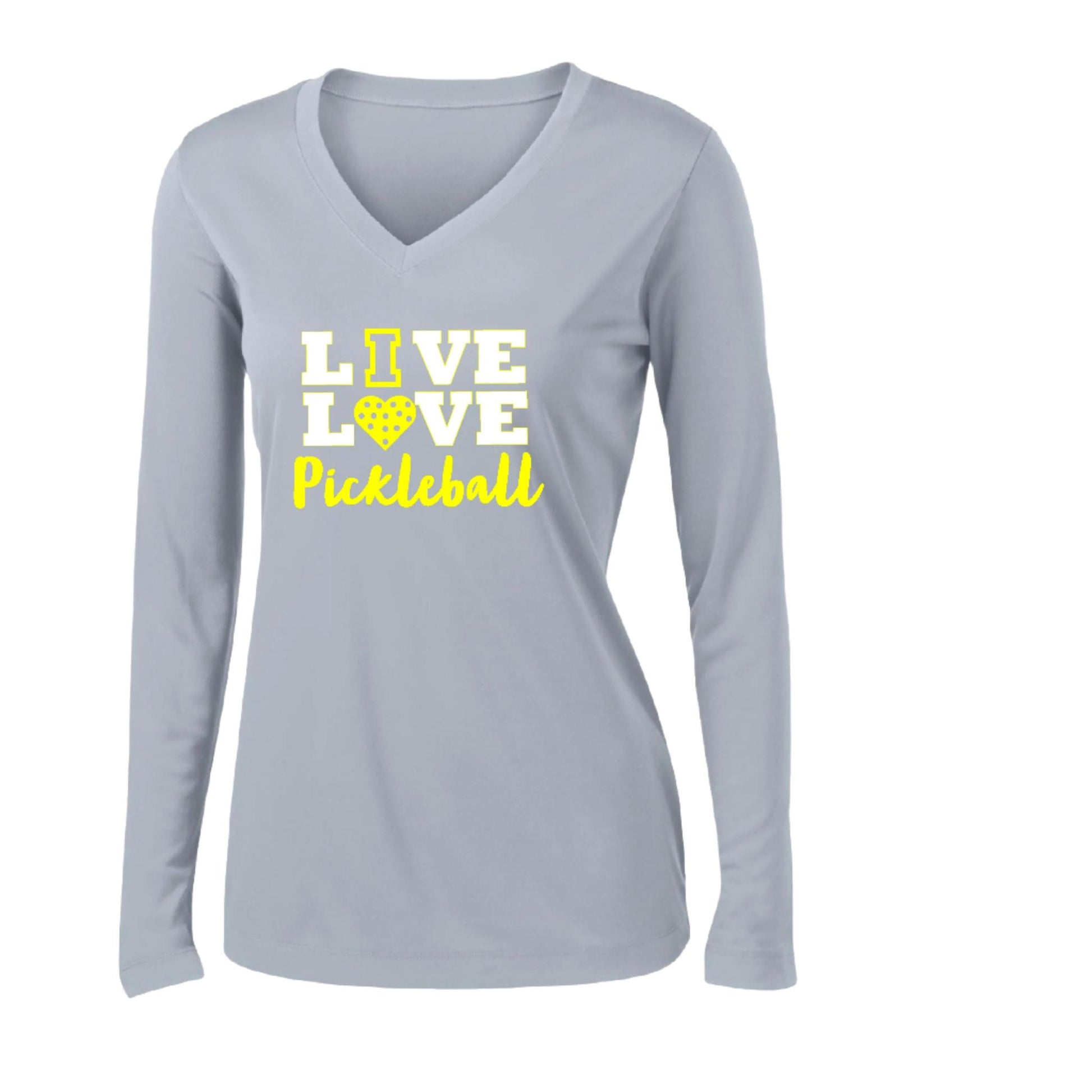 Live Love Pickleball | Clearance Women’s Long Sleeve V-Neck Pickleball Performance T-Shirt | 100% Polyester