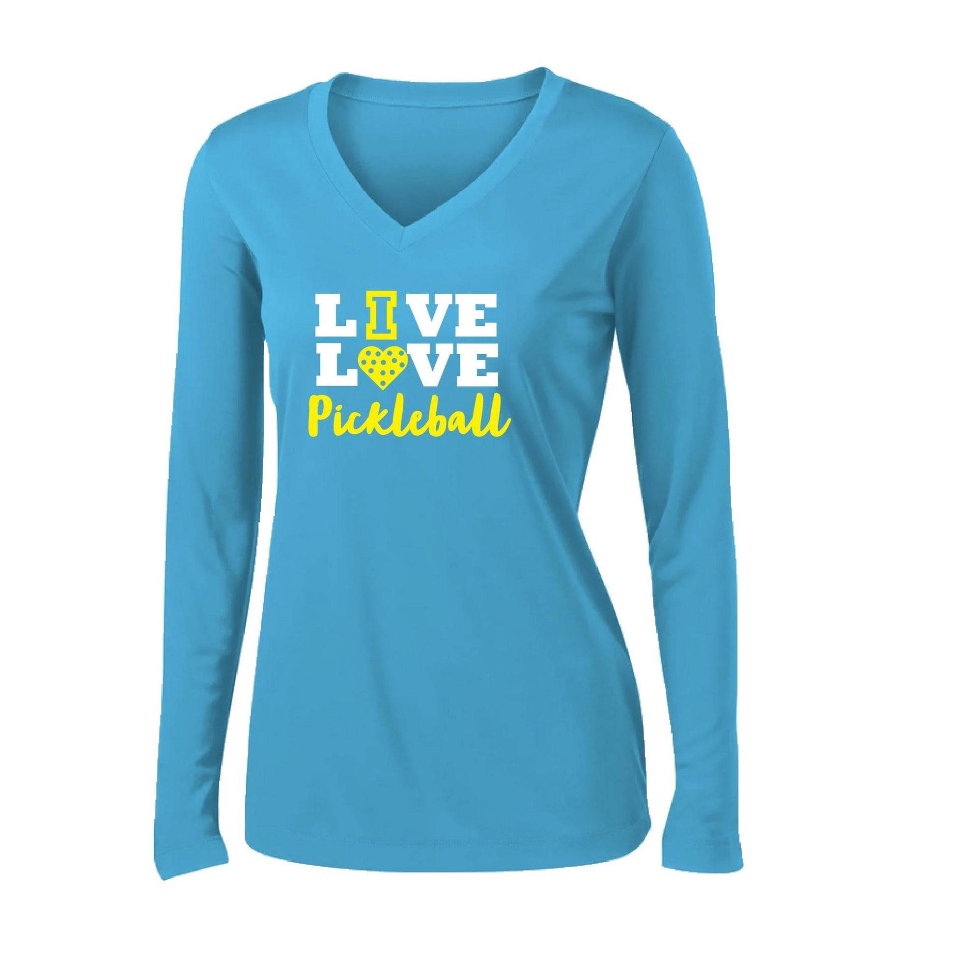Live Love Pickleball | Women's Long Sleeve V-Neck Pickleball Performance T-Shirts | 100% Polyester