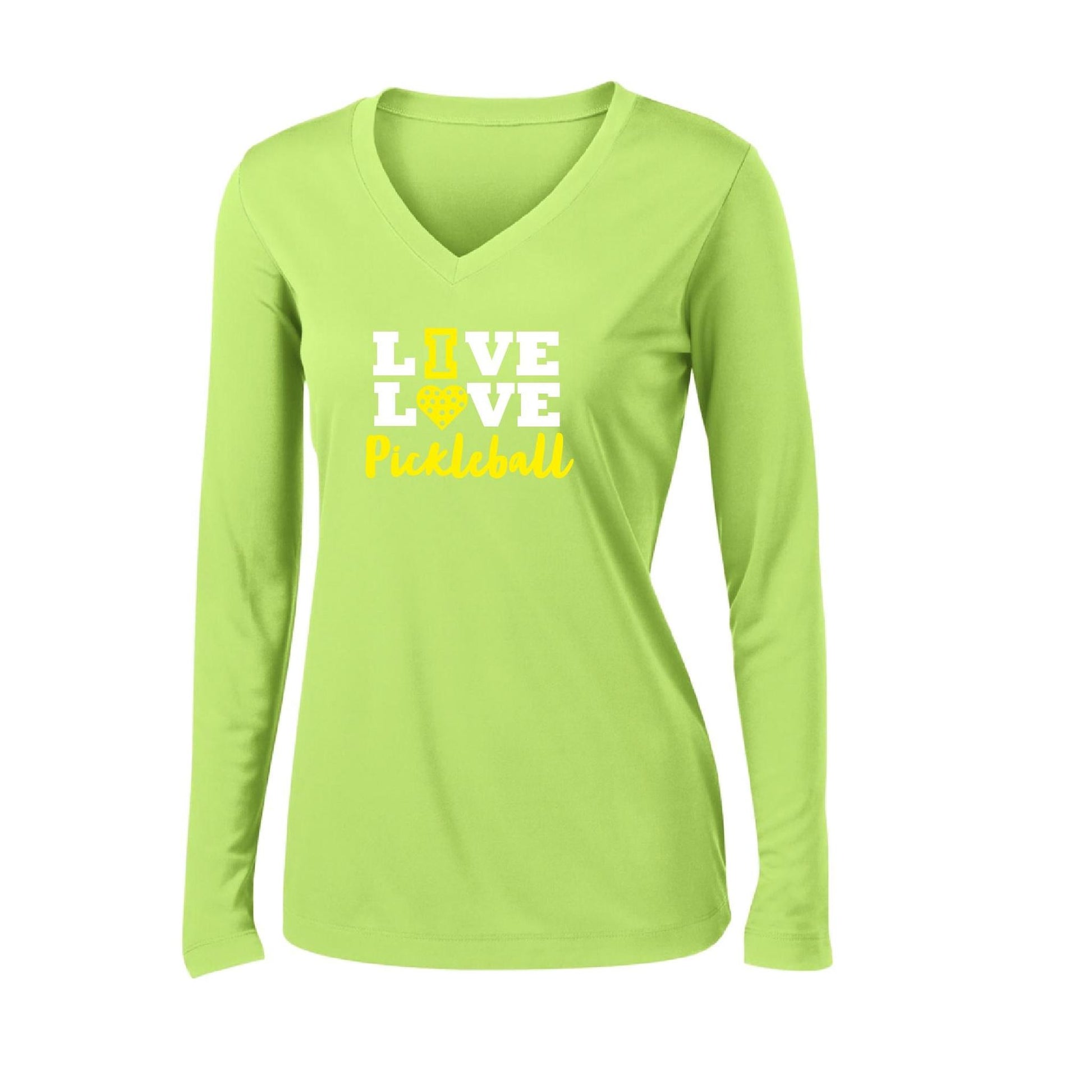 Live Love Pickleball | Women's Long Sleeve V-Neck Pickleball Performance T-Shirts | 100% Polyester